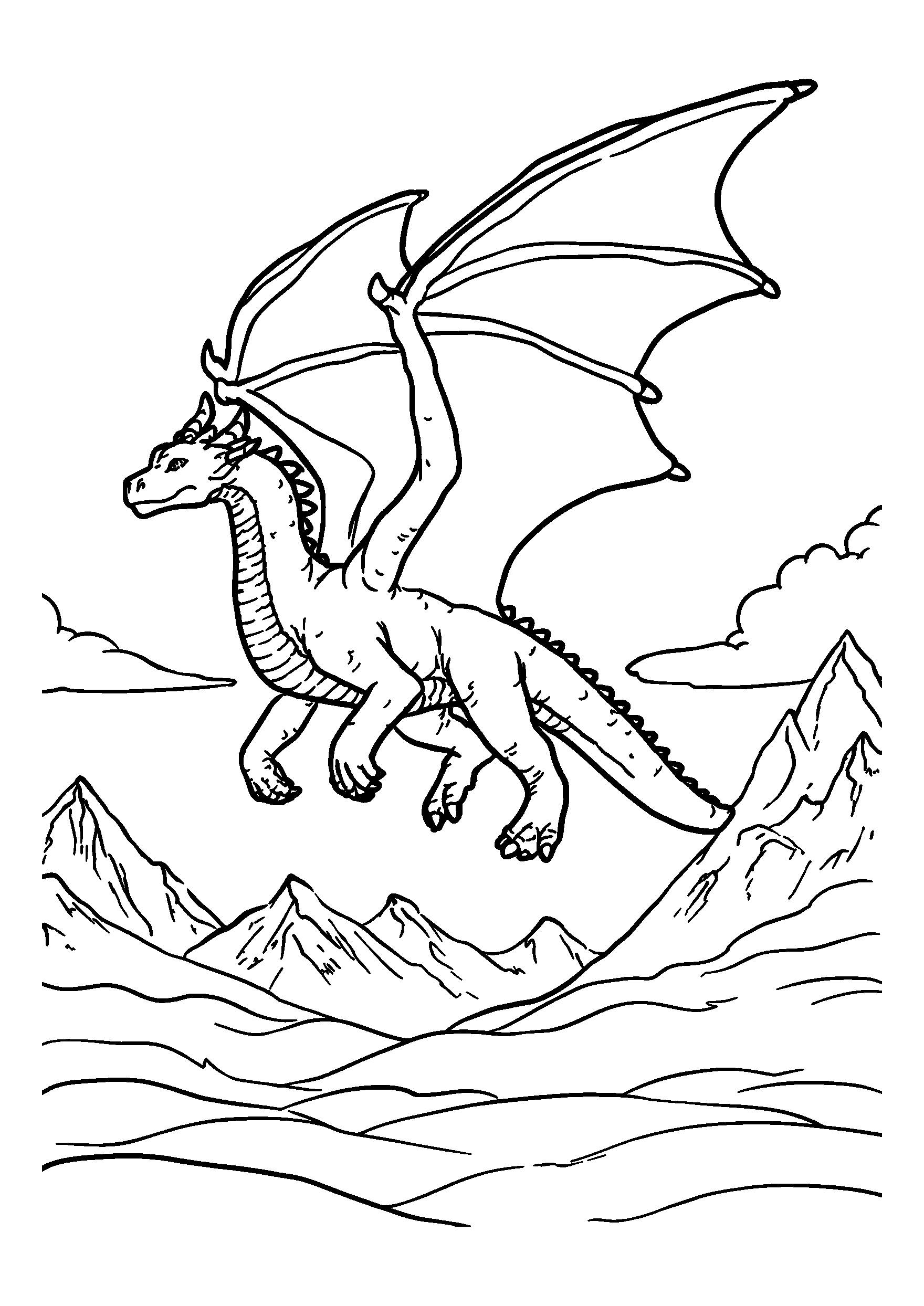 coloriage Majestic Dragon Soaring over Snow-capped Mountains