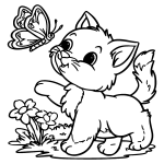 coloriage Playful Kitten Chasing a Butterfly in a Garden