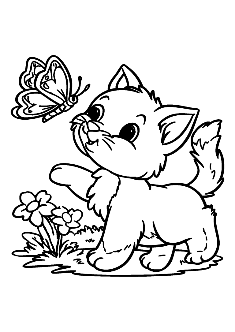 coloriage Playful Kitten Chasing a Butterfly in a Garden