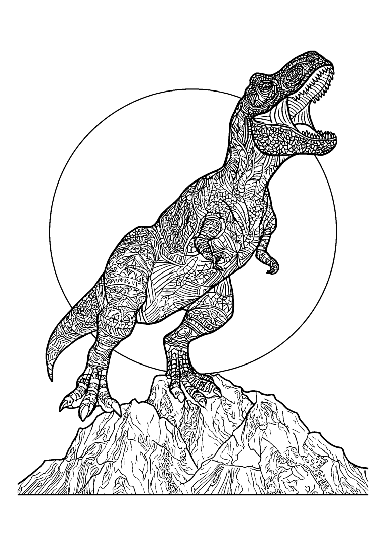 coloriage T-rex Roaring Atop a Rocky Hill