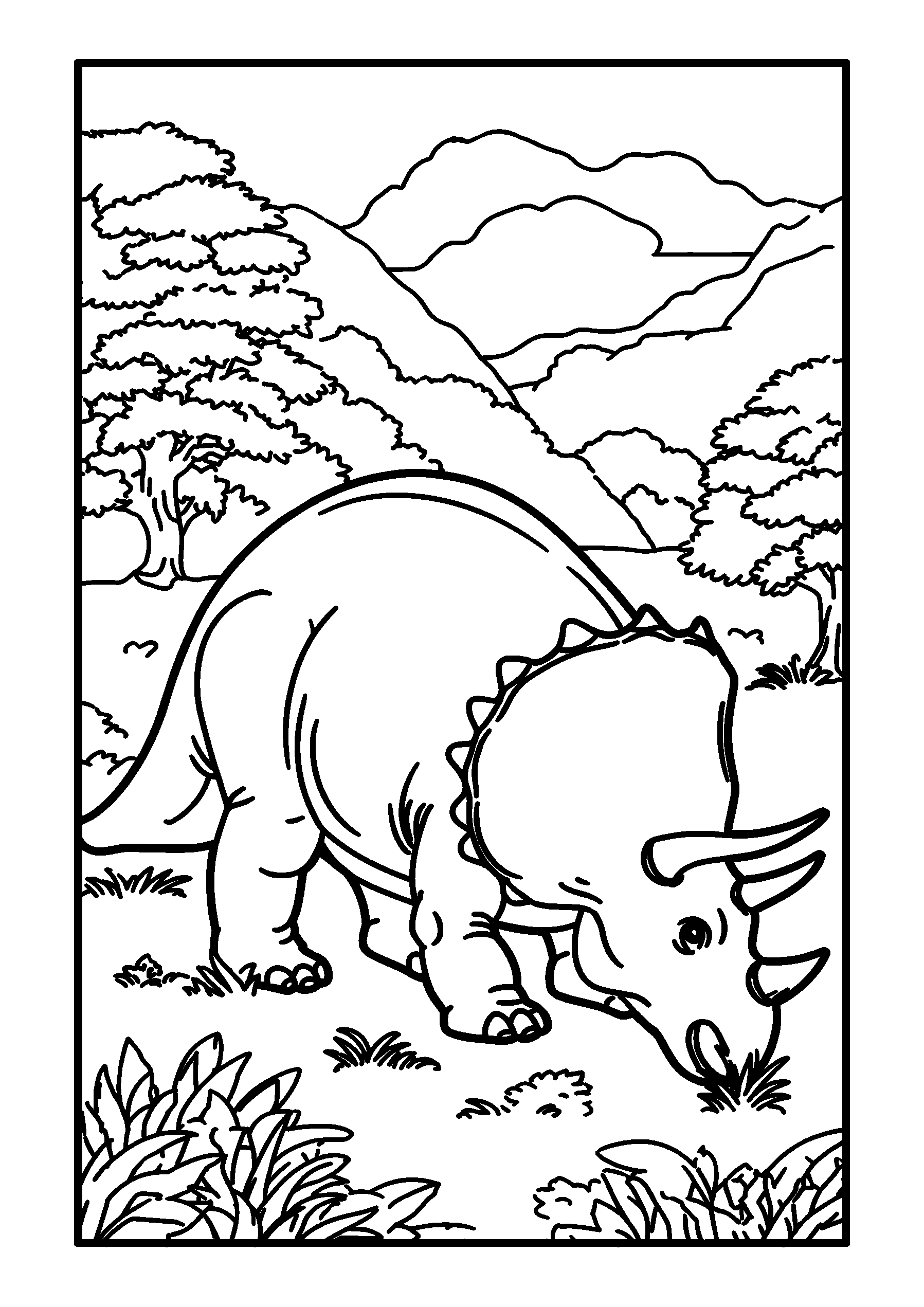 coloriage Triceratops Grazing in a Lush Valley