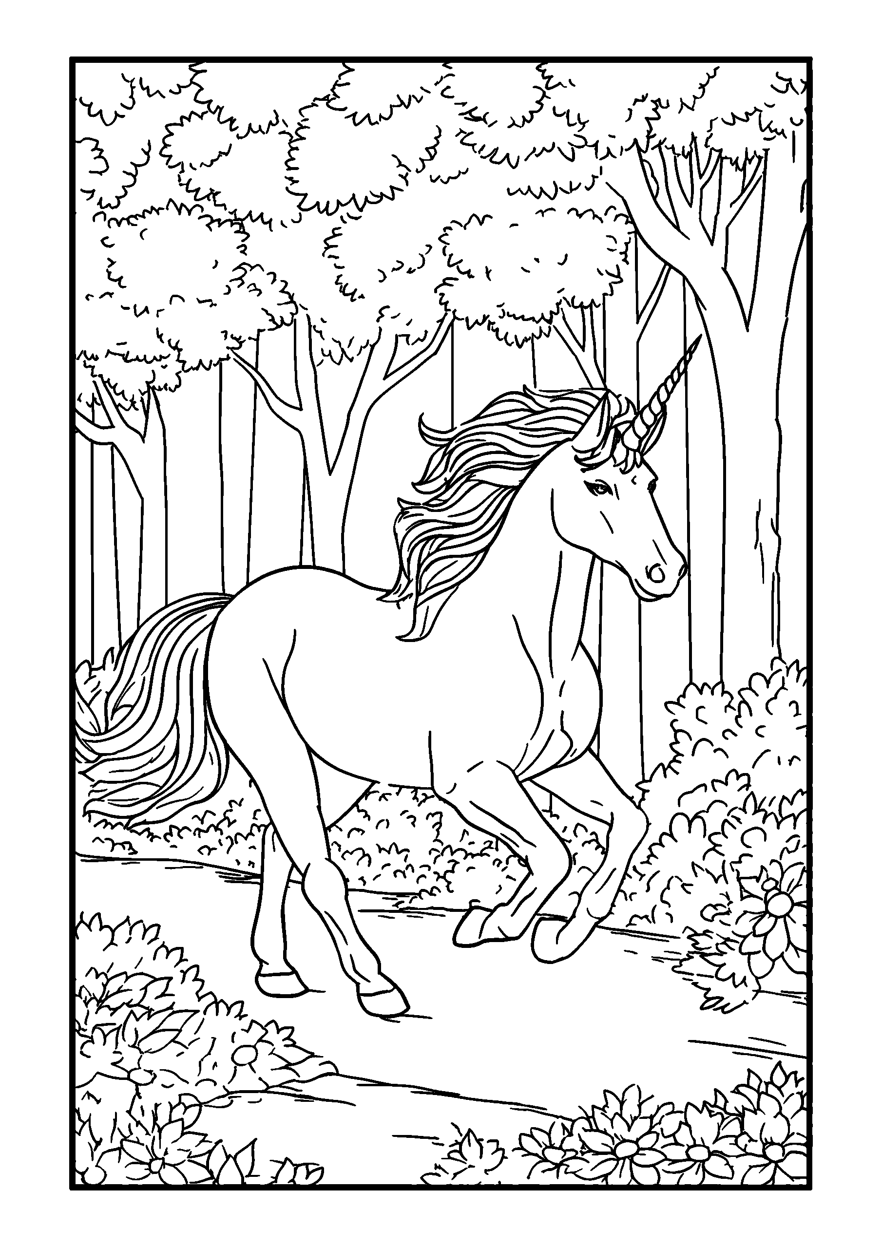 coloriage Unicorn with Colorful Mane Trotting Through a Forest