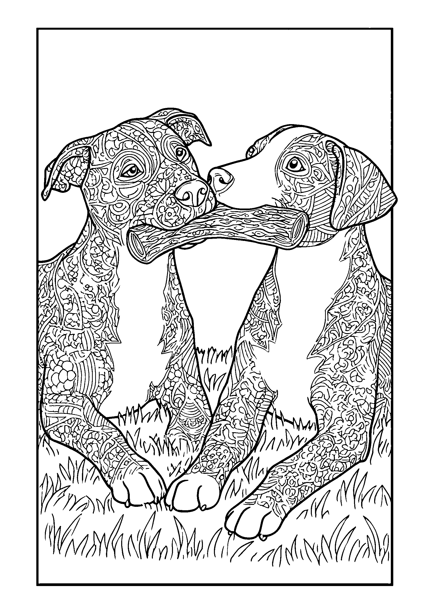 coloriage Dogs Sharing a Large Chew Toy on the Grass