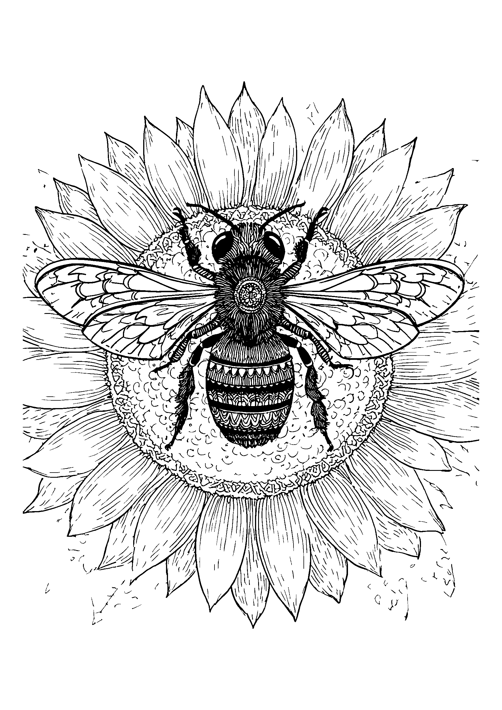 coloriage Close-up of a Bee Gathering Nectar from a Sunflower