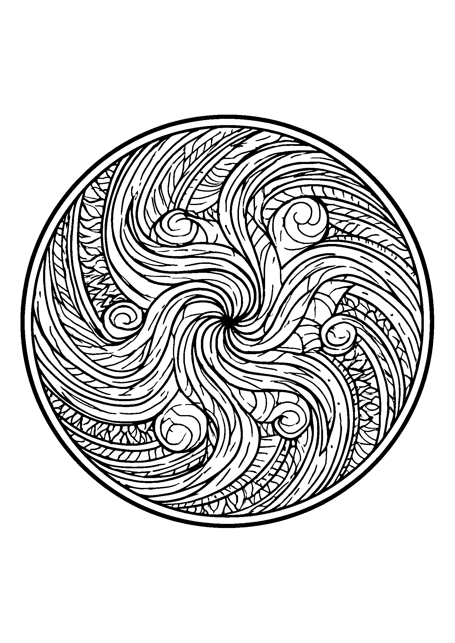 coloriage Spiraling Mandala Featuring Waves and Curves