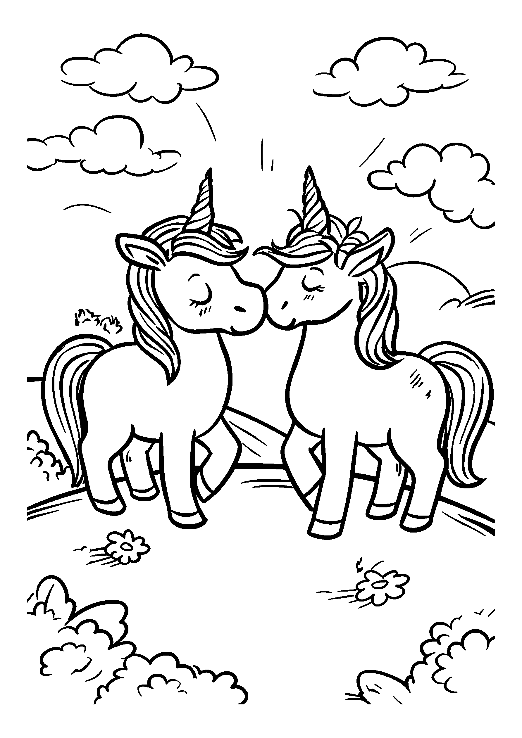 coloriage Unicorns Nuzzling Each Other on a Hilltop