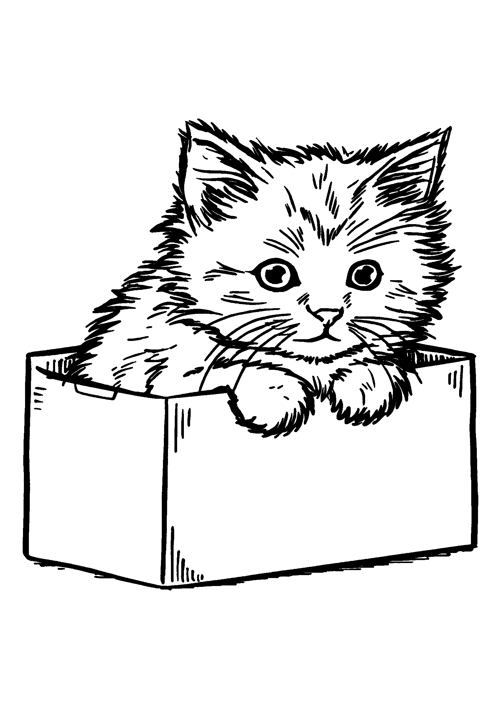 coloriage Fluffy Kitten Peeking out from a Cardboard Box