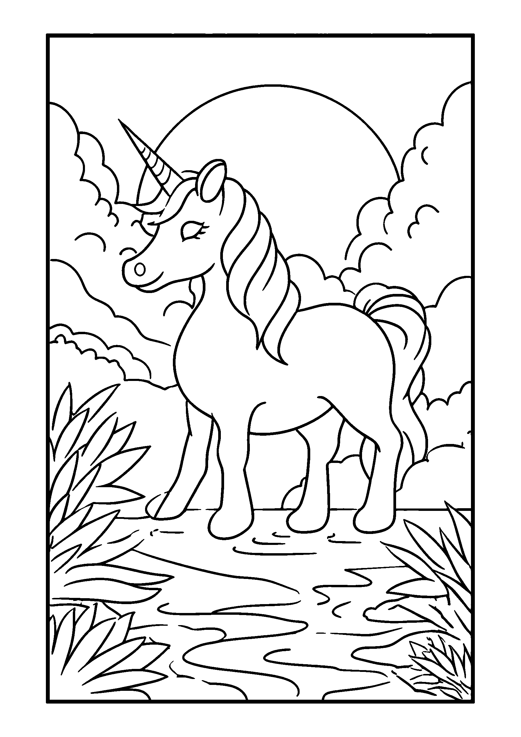 coloriage Serene Unicorn Standing by a Moonlit Lake