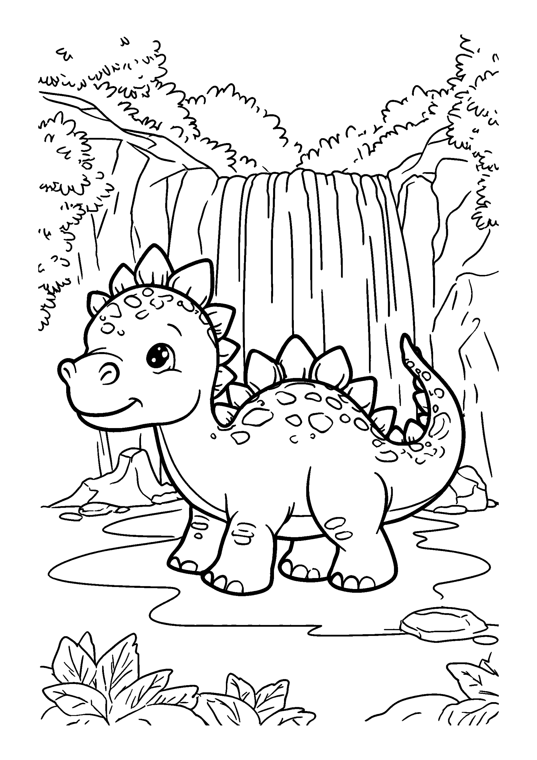 coloriage Stegosaurus Standing under a Waterfall