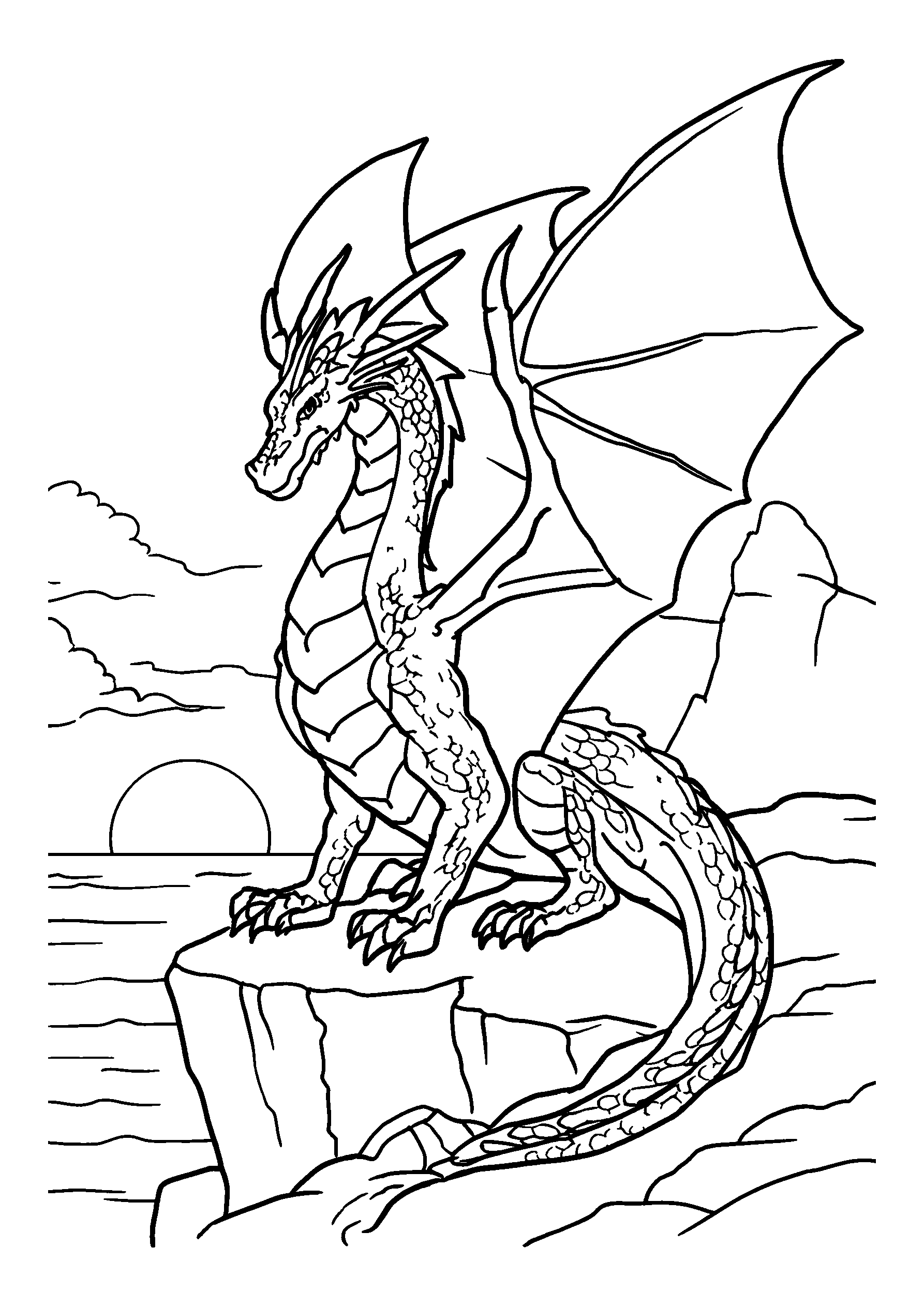 coloriage Fierce Dragon Perched on a Rocky Cliff During Sunset