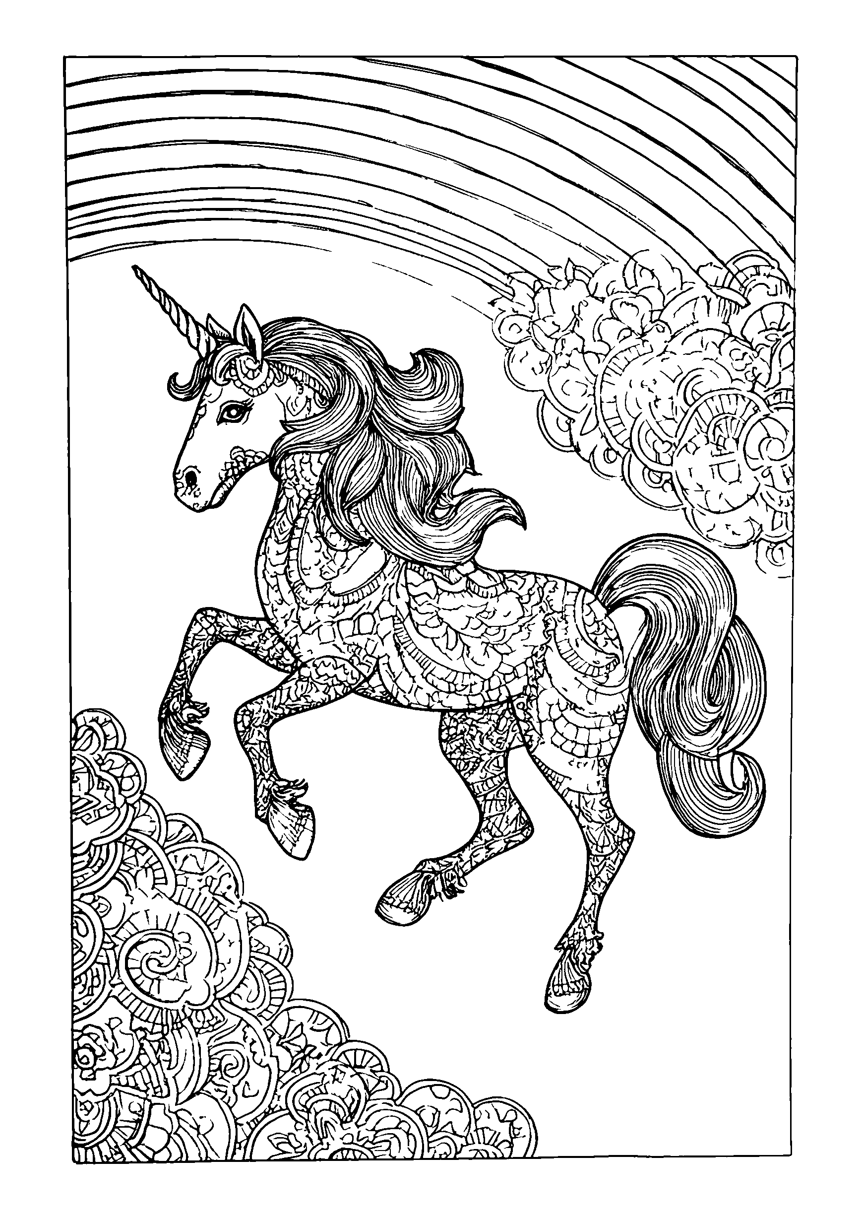 coloriage Playful Unicorn Jumping over a Rainbow