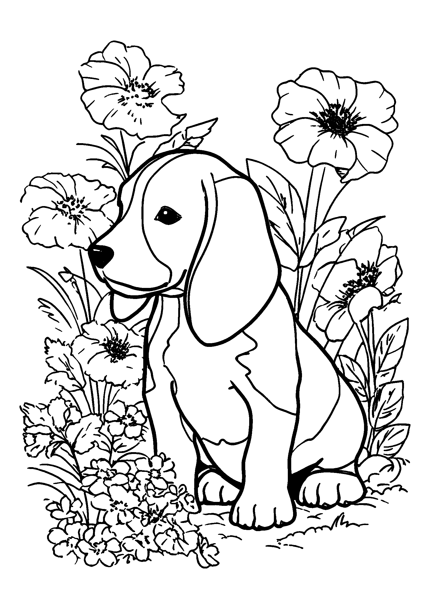 coloriage Beagle Sniffing Flowers in a Blooming Garden
