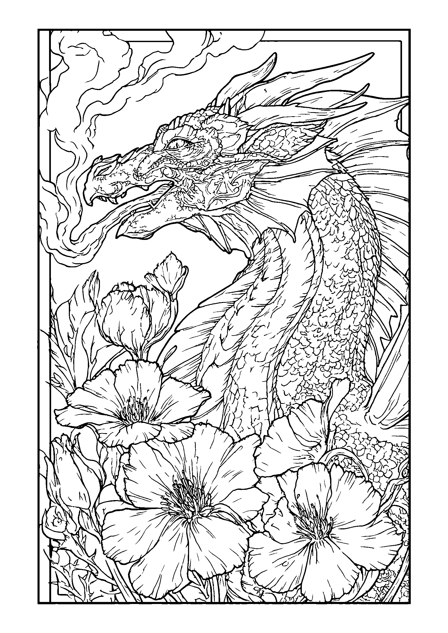 coloriage Dragon Blowing Smoke While Surrounded by Enchanted Flowers