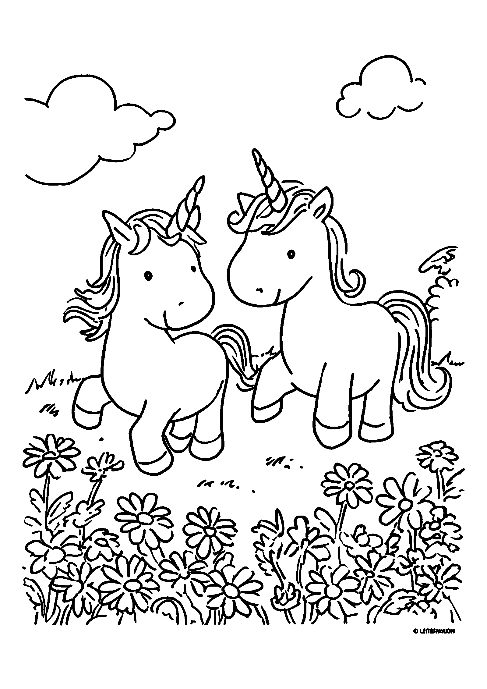 coloriage Unicorns Frolicking in a Field of Daisies