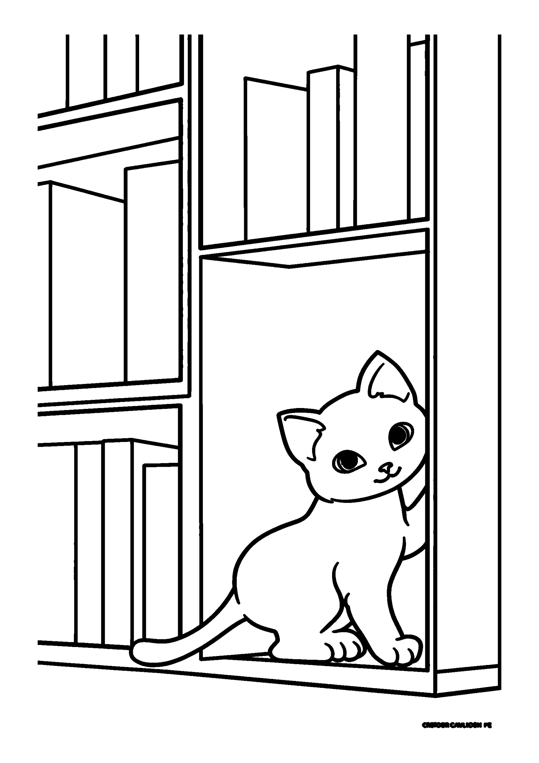 coloriage Curious Cat Exploring a Wooden Bookshelf