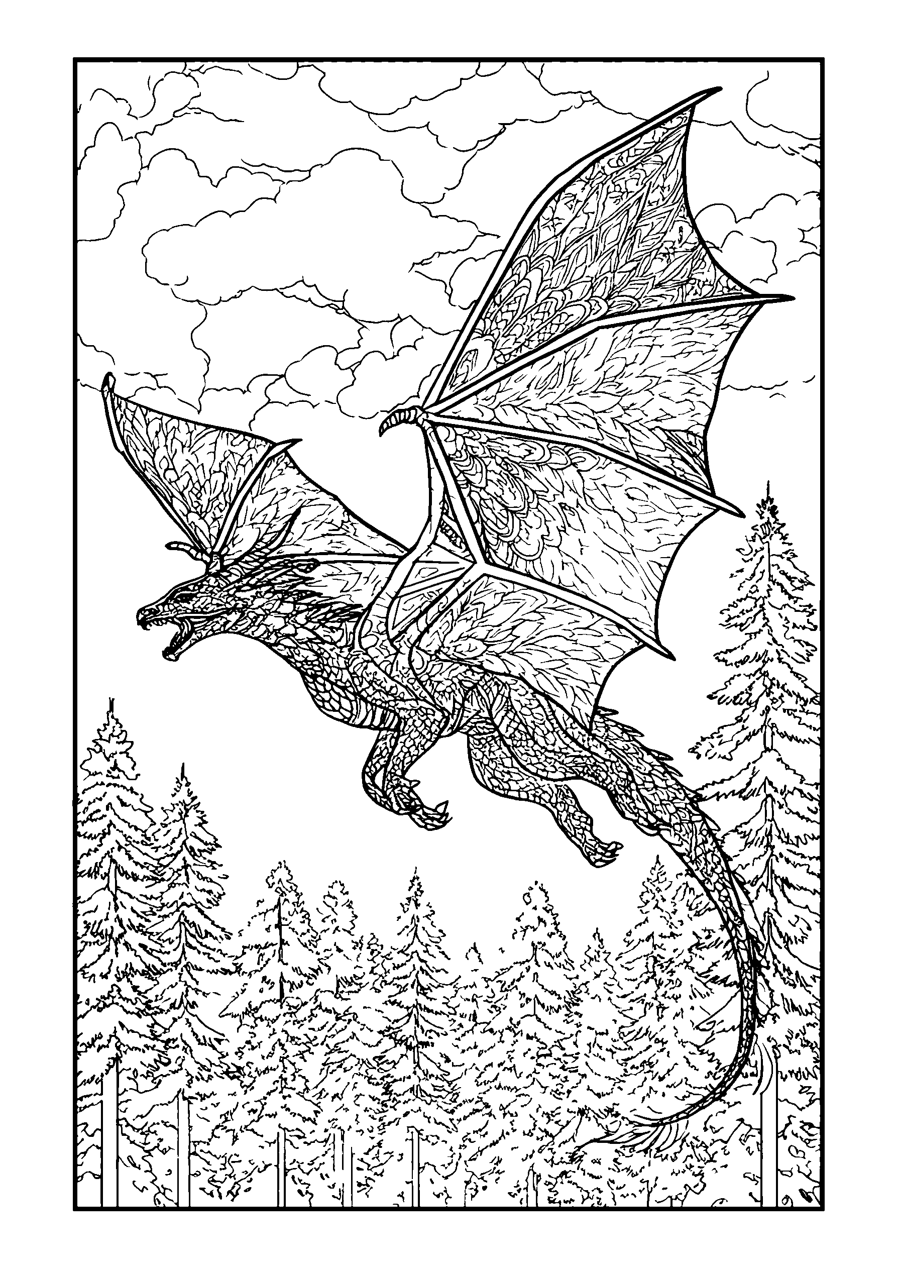 coloriage Dragon Flying over a Vibrant Forest Landscape