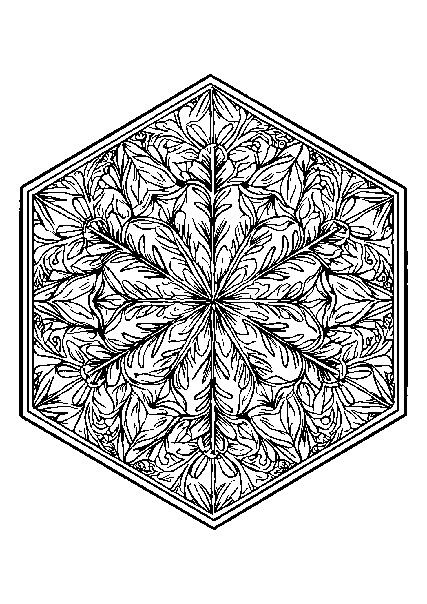 coloriage Hexagonal Mandala with Intricate Leaf Motifs