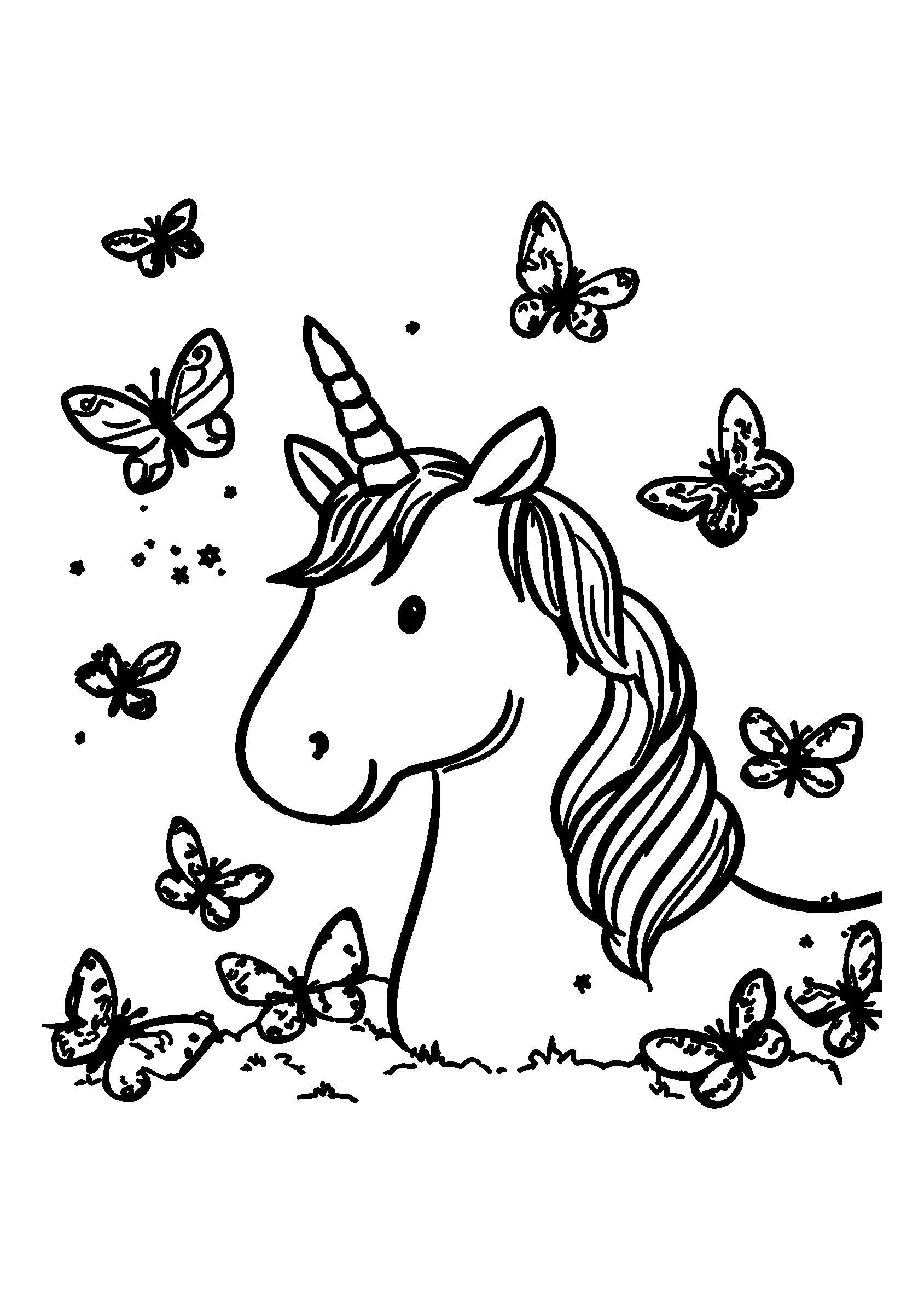 coloriage Unicorn with Sparkling Horn Surrounded by Butterflies
