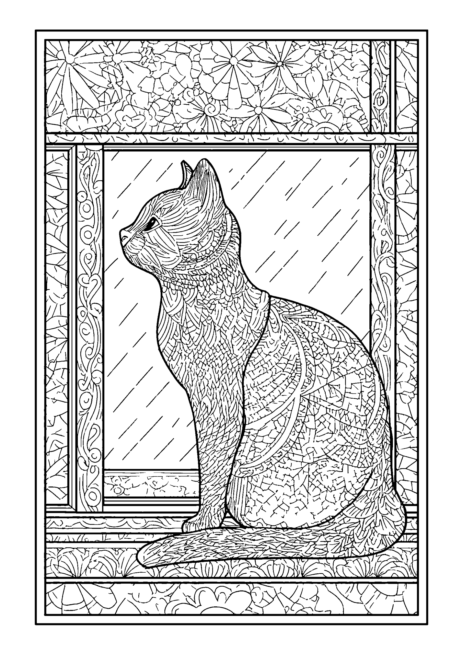 coloriage Cat Gazing out at a Rainy Window