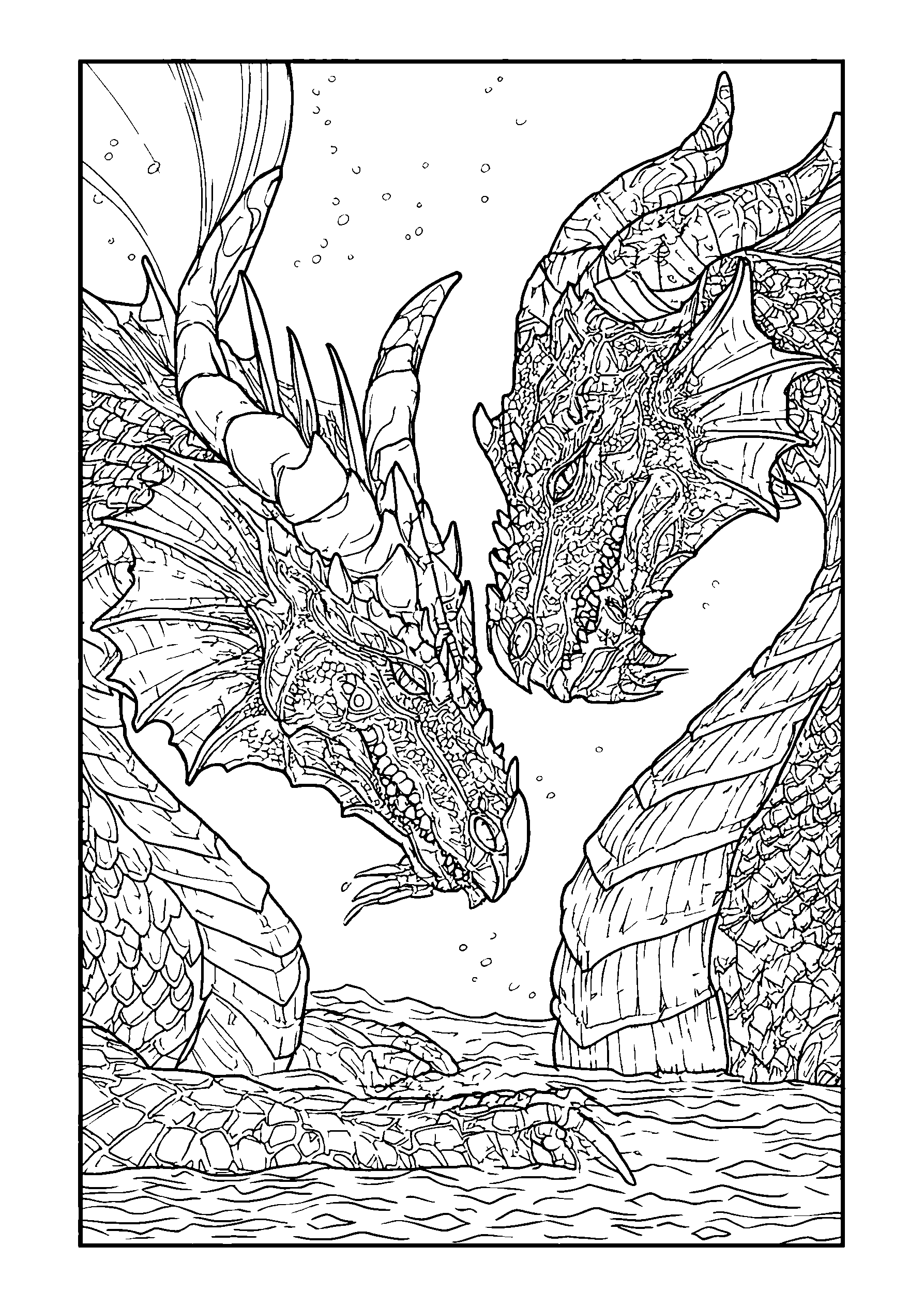 coloriage Dragons Sharing a Meal by a Sparkling River