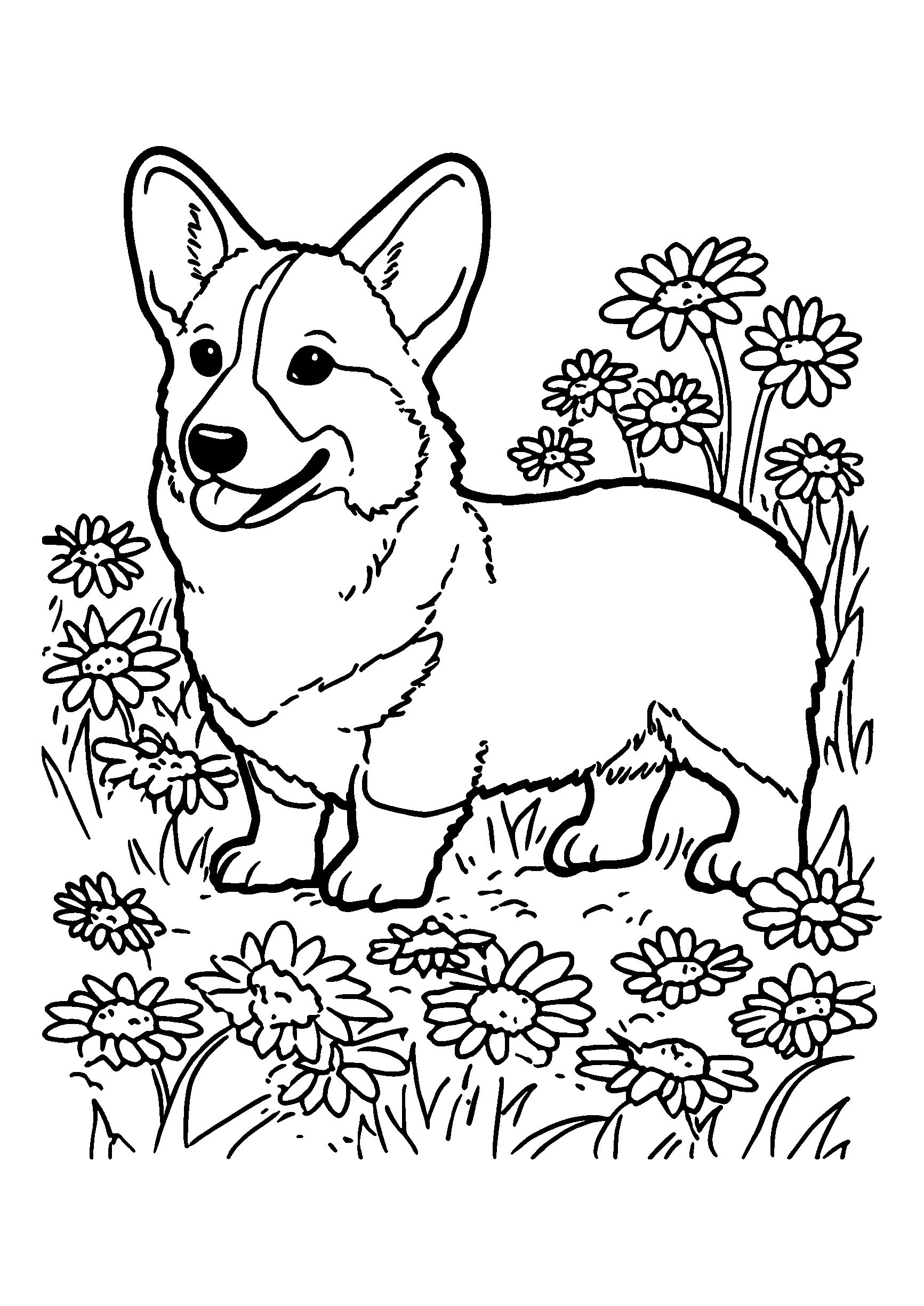 coloriage Corgi Standing Proudly in a Field of Daisies