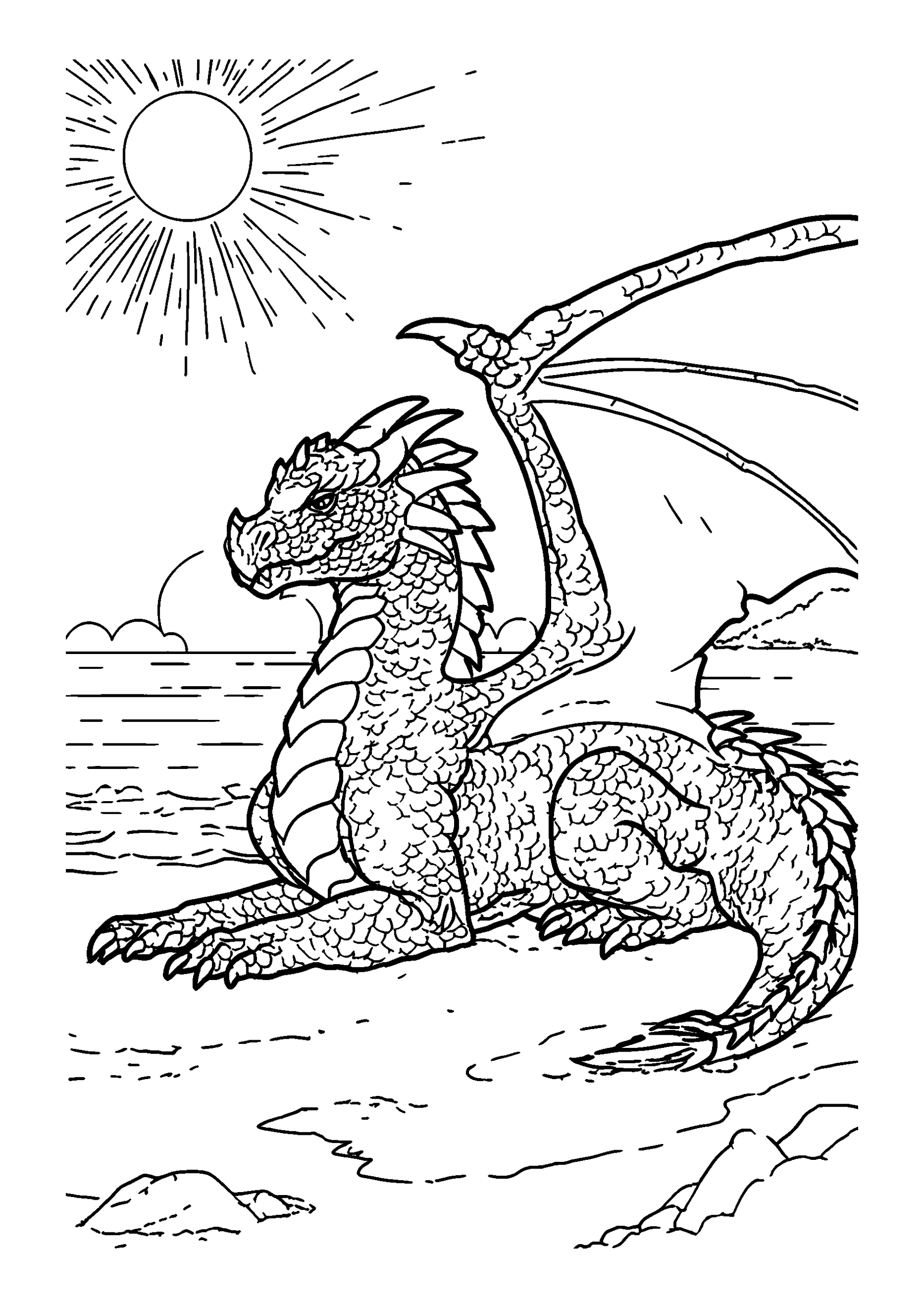 coloriage Dragon with Intricate Scales Lounging on a Sunlit Beach