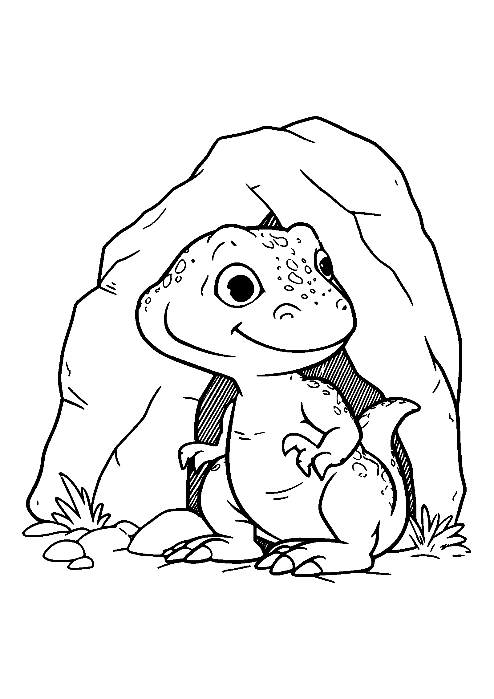 coloriage Small Dinosaur Hiding Behind a Large Rock
