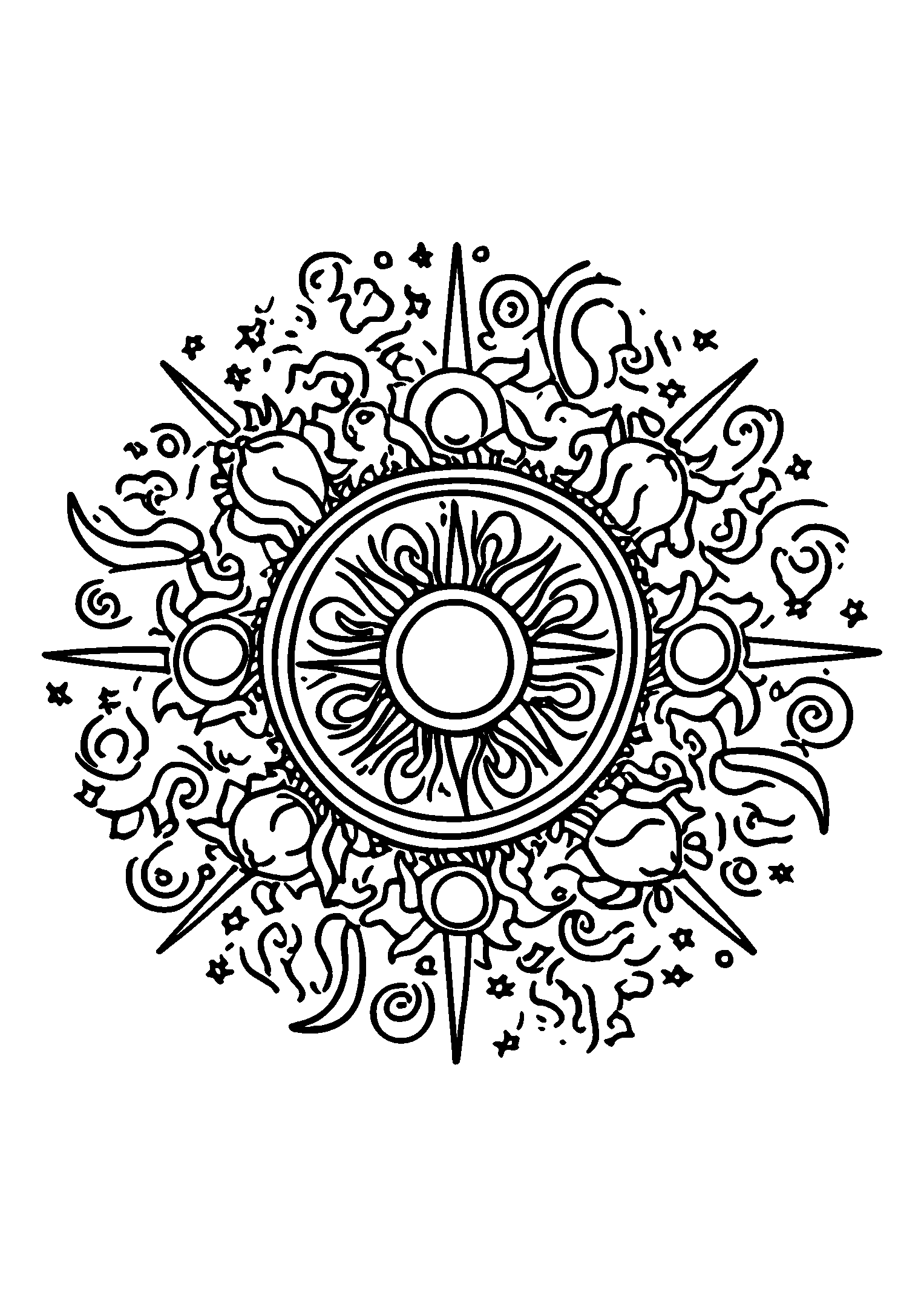 coloriage Swirling Mandala Featuring Sunrays and Suns