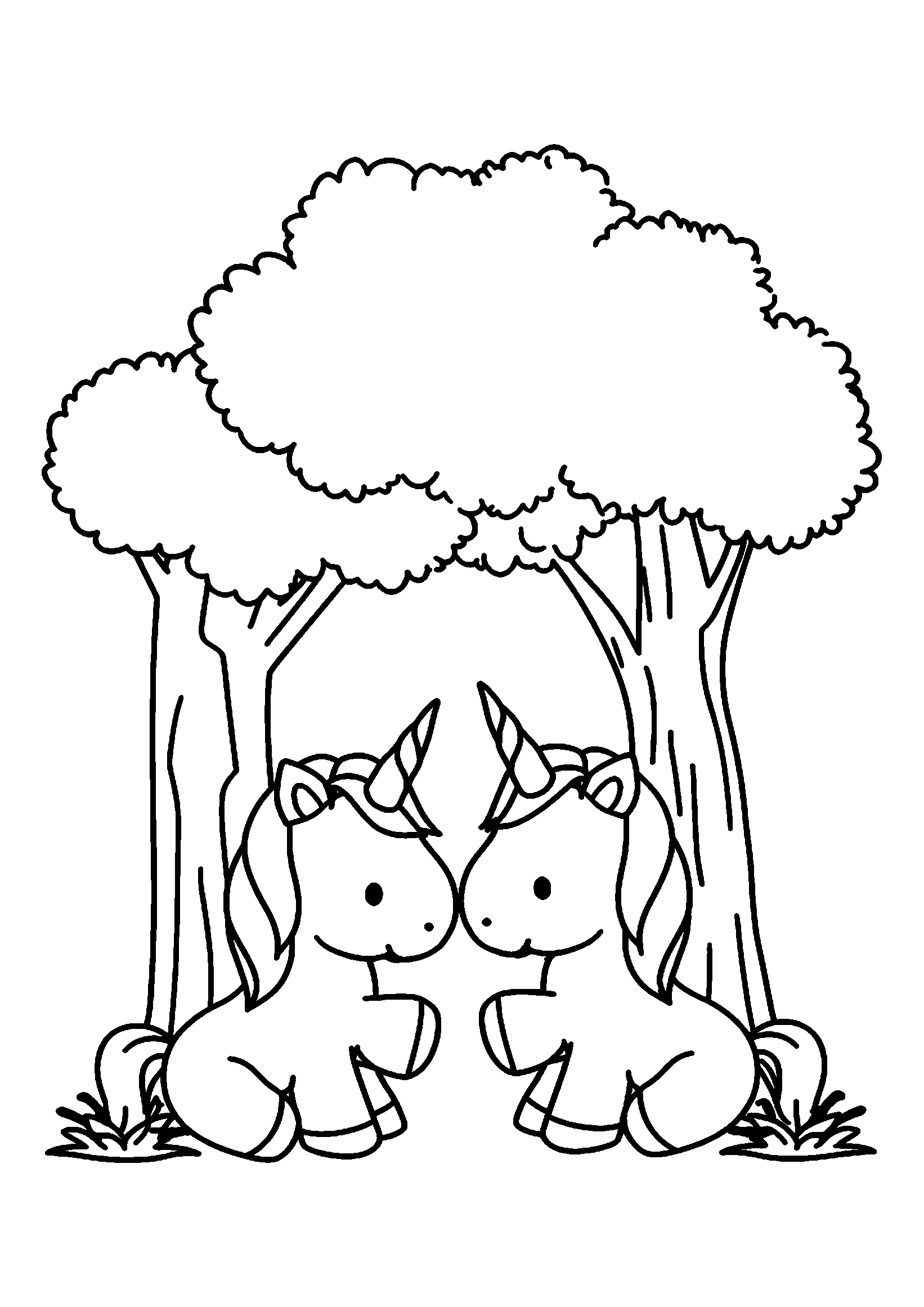 coloriage Unicorns Sharing a Playful Moment under a Tree