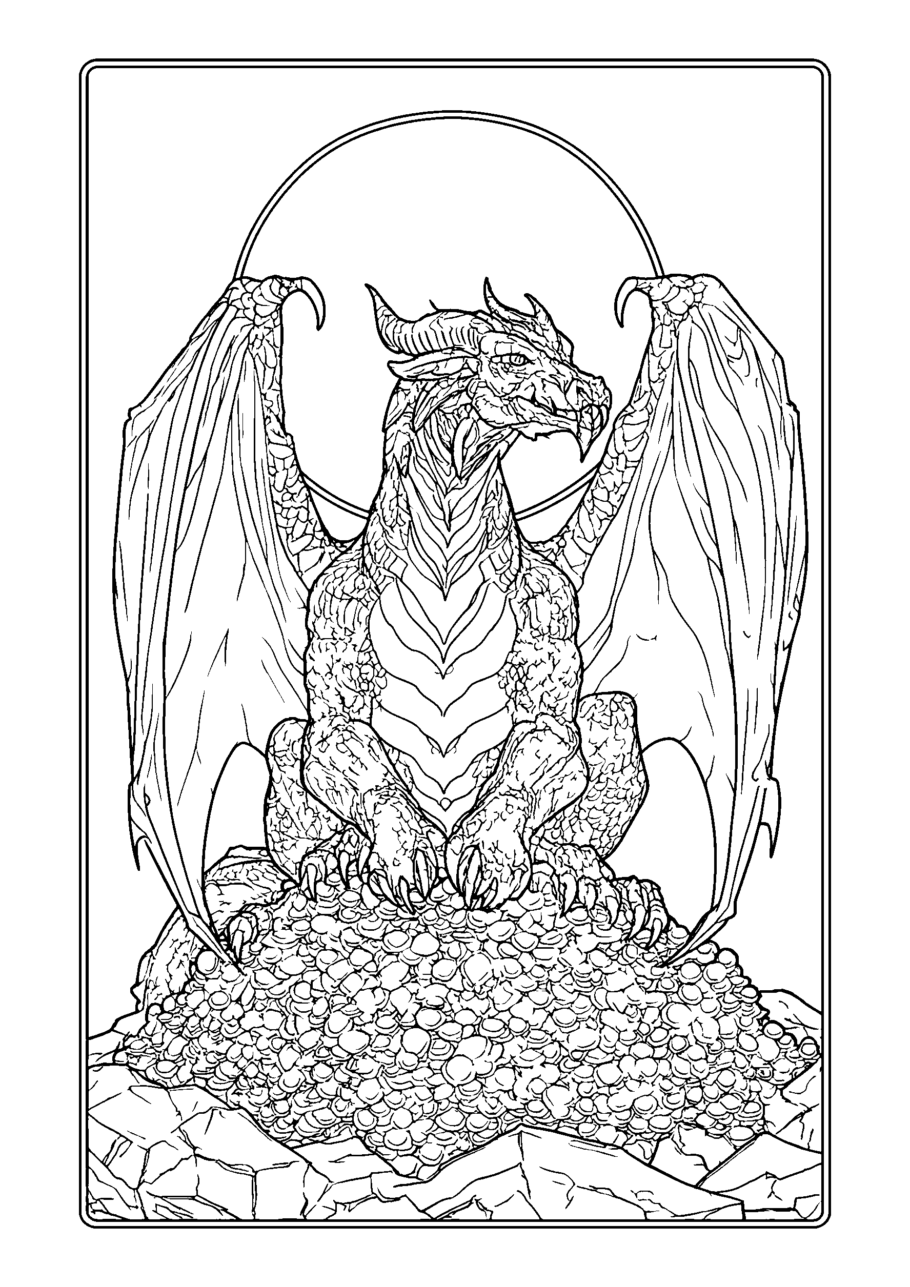 coloriage Dragon Guarding a Pile of Golden Treasure in a Cave