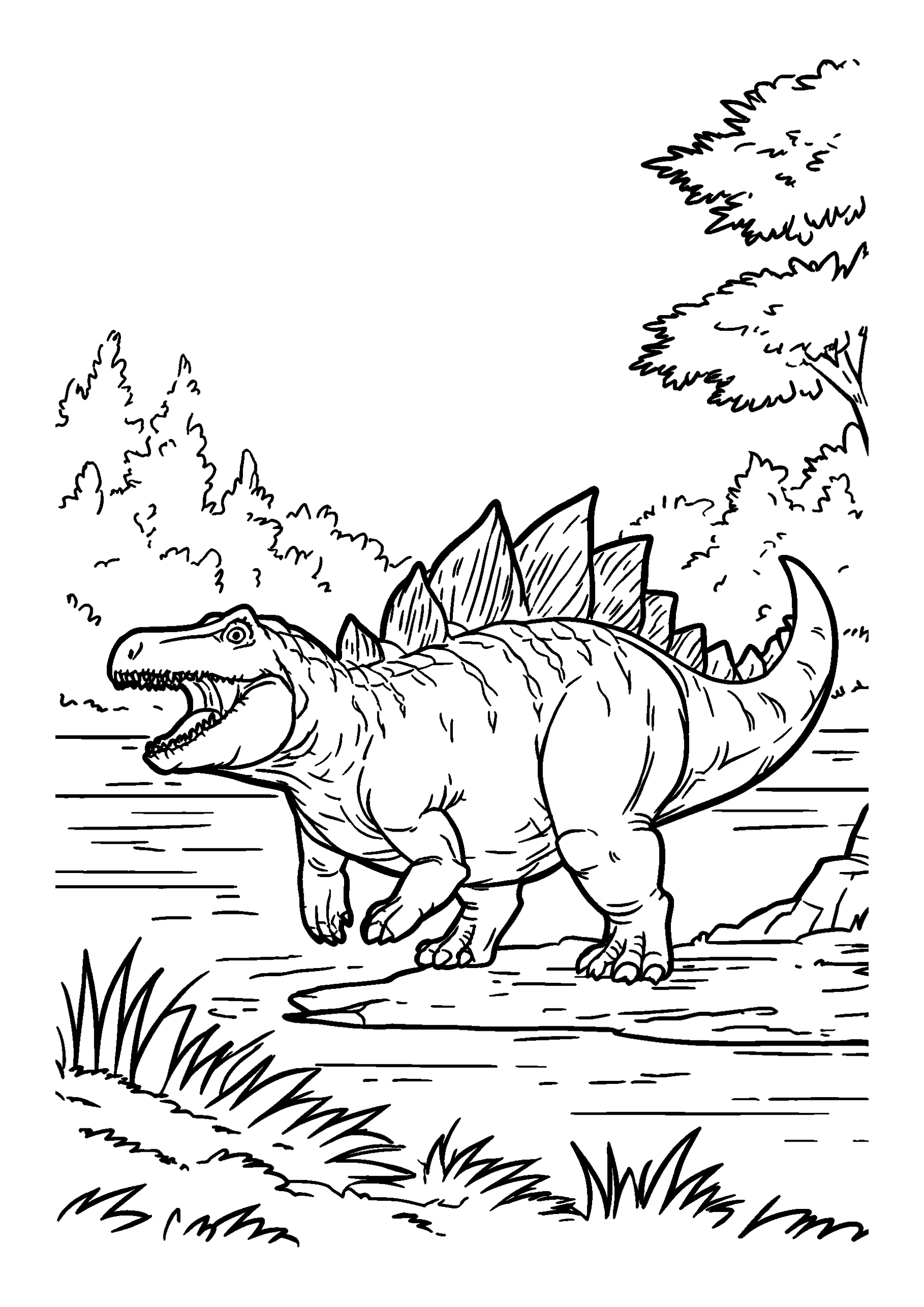 coloriage Spinosaurus Lurking Near a Riverbank