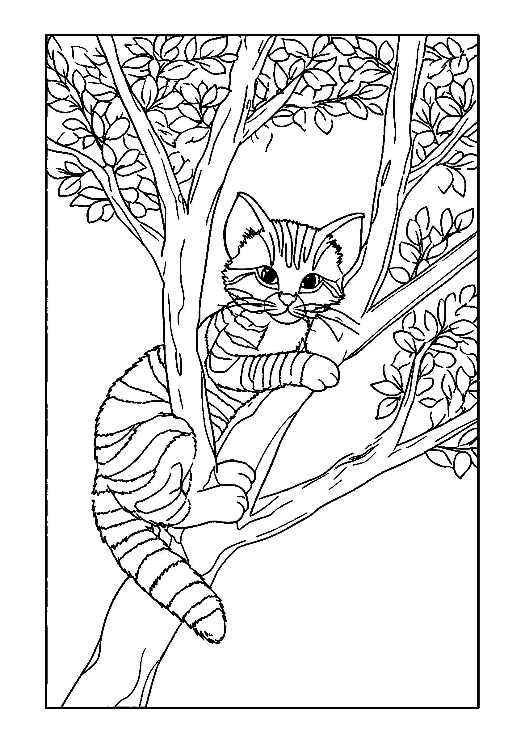 coloriage Striped Cat Climbing a Tree in Leafy Spring