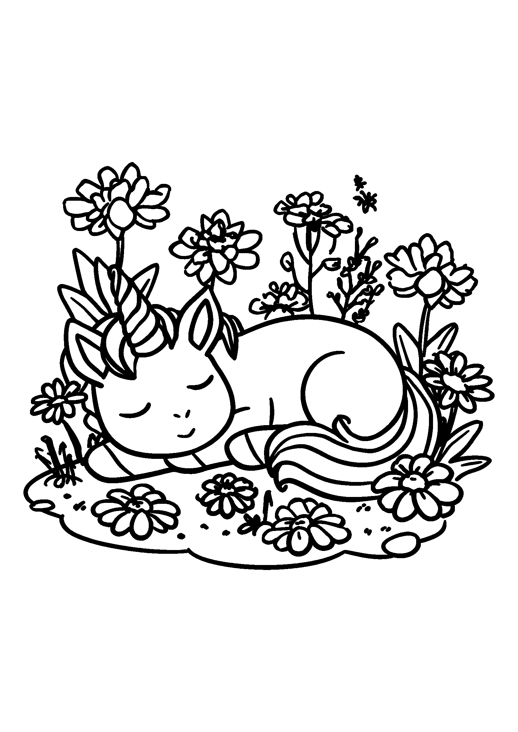coloriage Unicorn Curled Up Sleeping in a Flower Garden