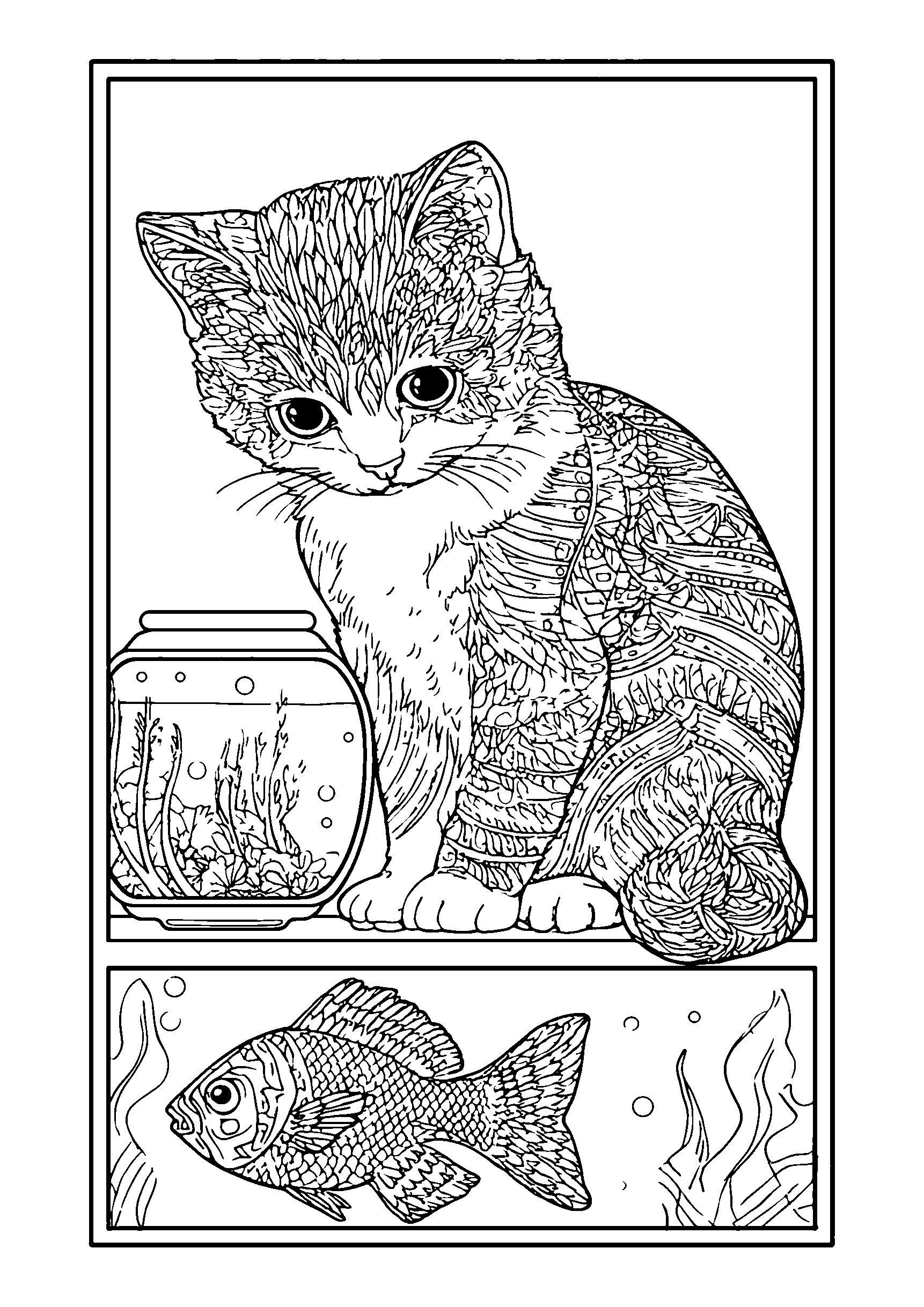 coloriage Cat Staring Intently at a Fish in an Aquarium