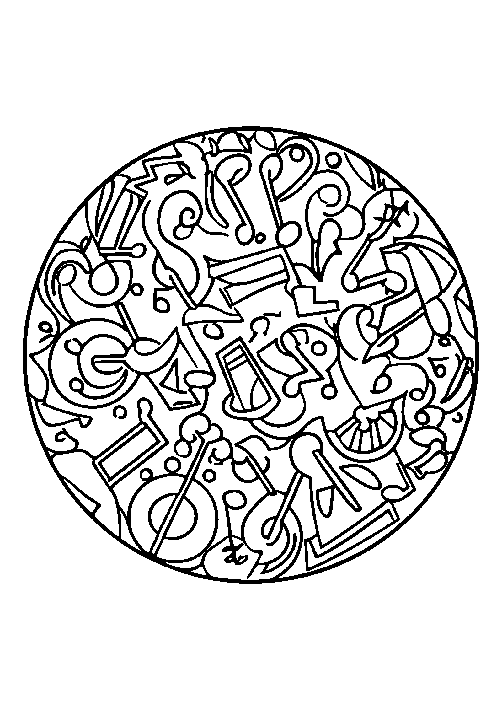 coloriage Mandala Filled with Various Music Notes and Instruments