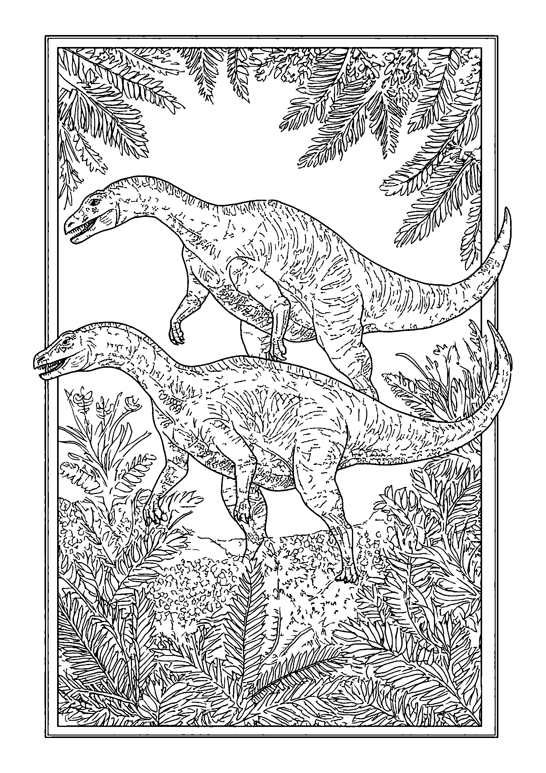 coloriage Iguanodons Walking Through a Lush Fern Field