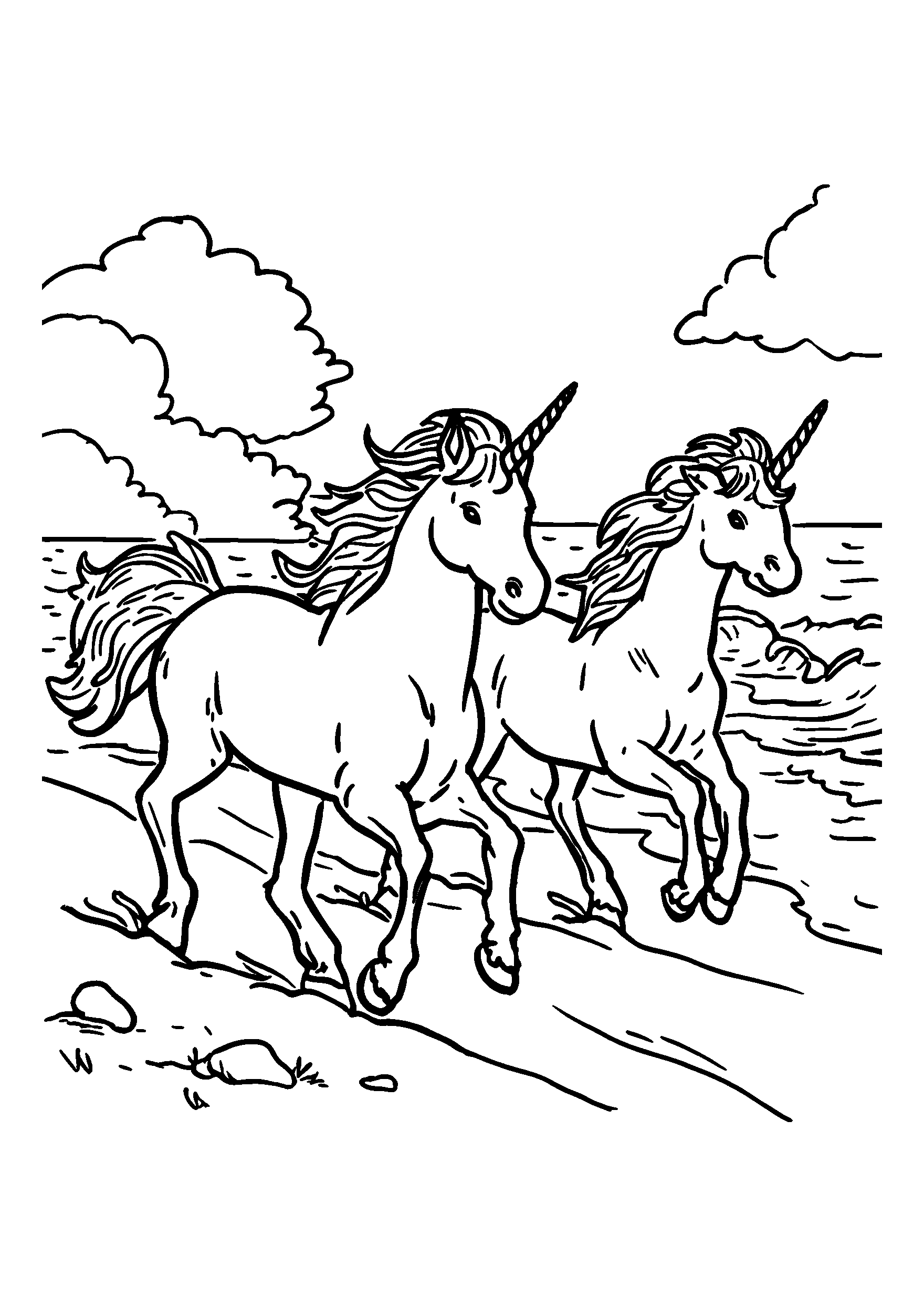coloriage Unicorns Running Side by Side on the Beach