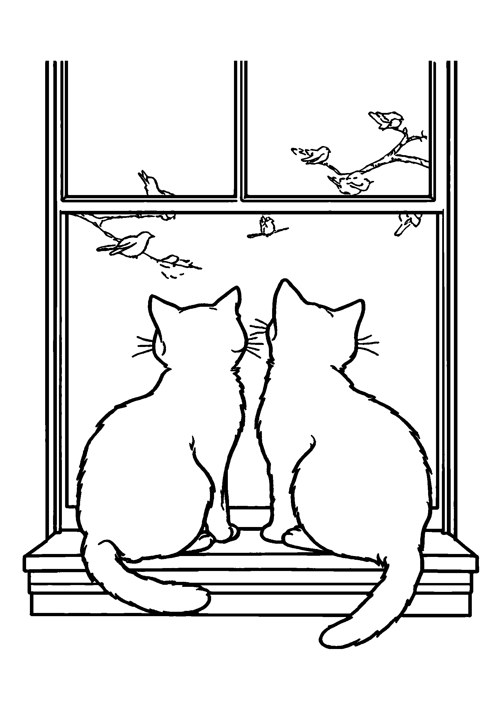 coloriage Cats Sitting on a Windowsill Watching Birds
