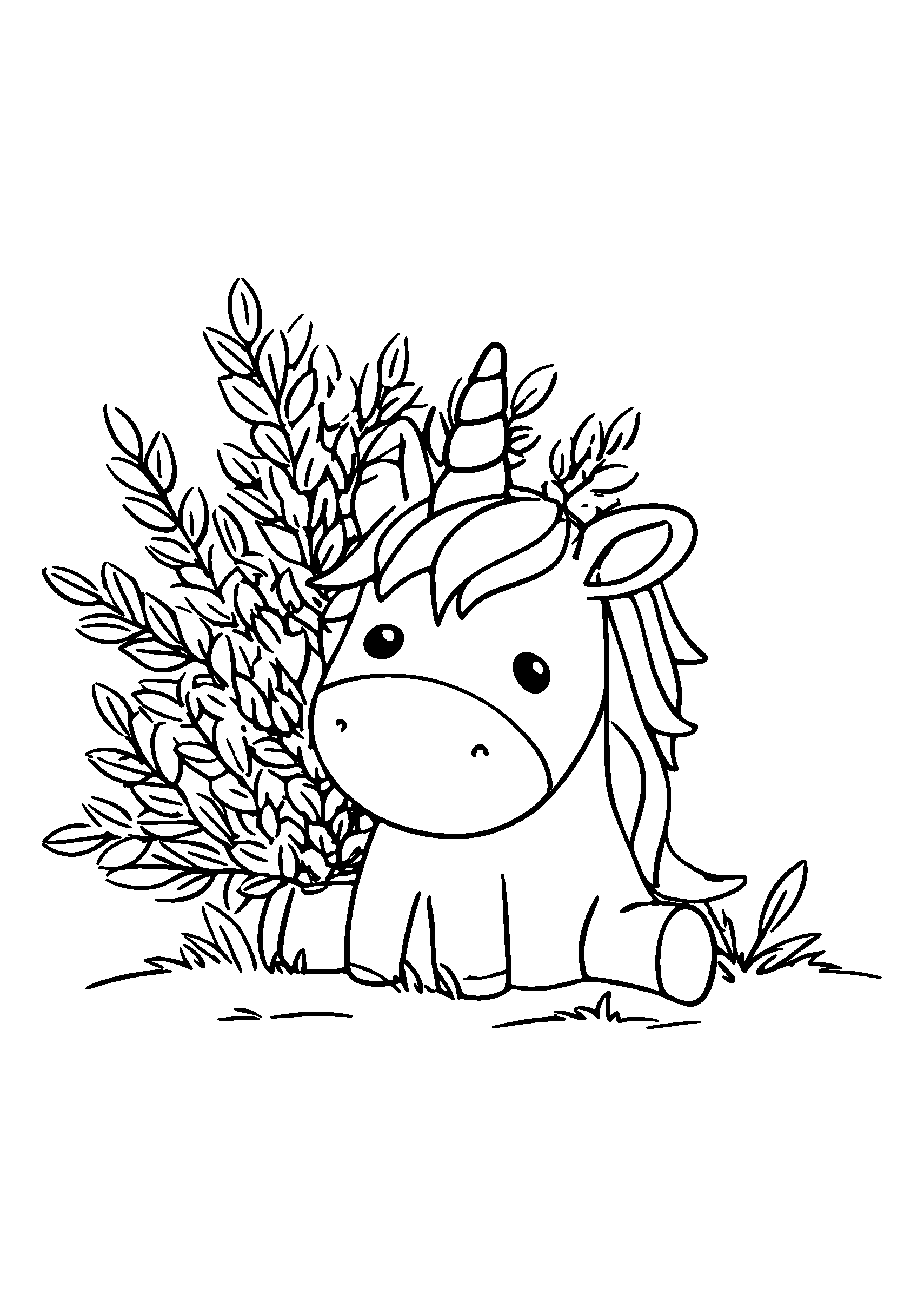 coloriage Whimsical Unicorn Peeking out from Behind a Bush