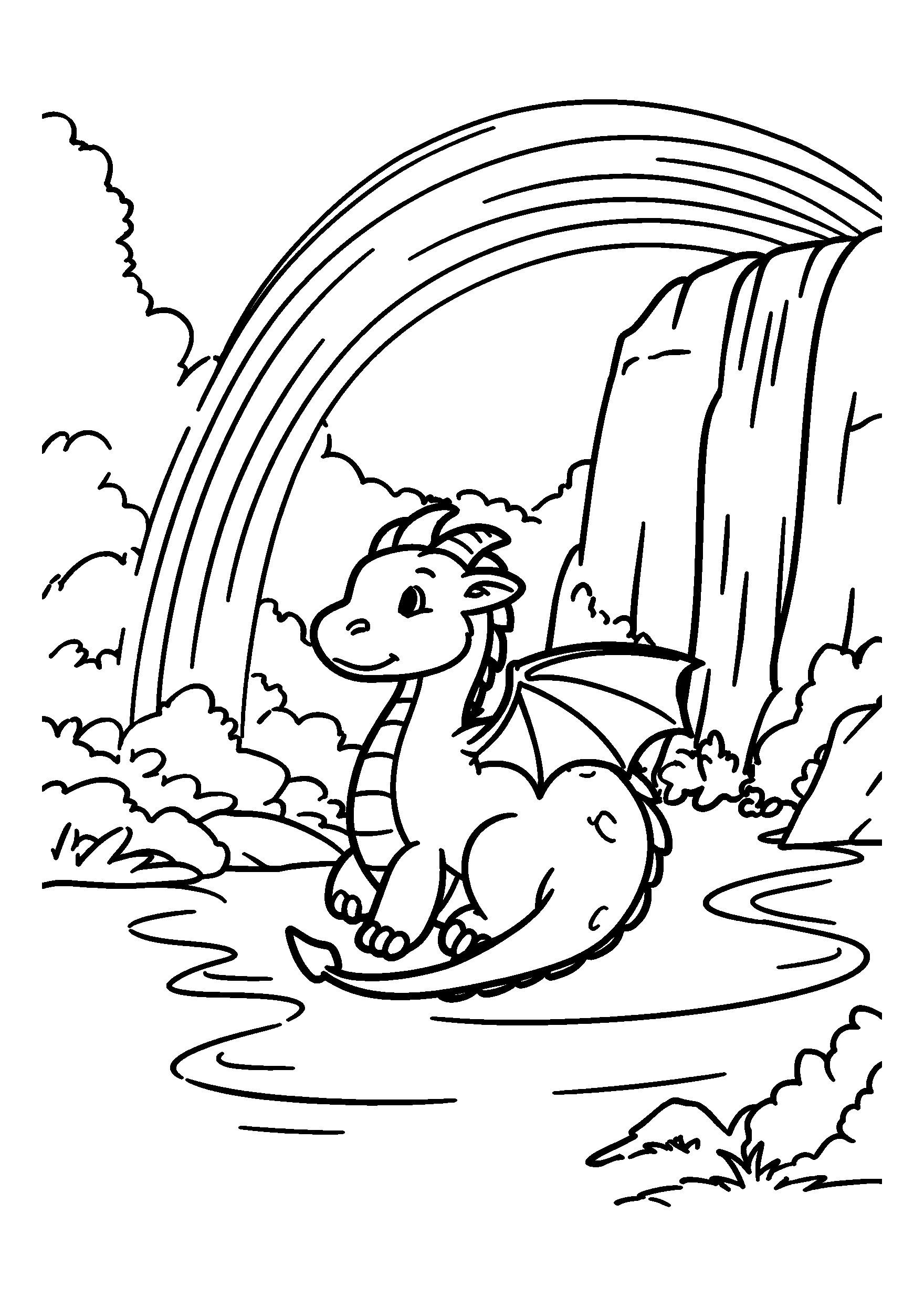 coloriage Dragon Creating a Rainbow with its Breath Above a Waterfall