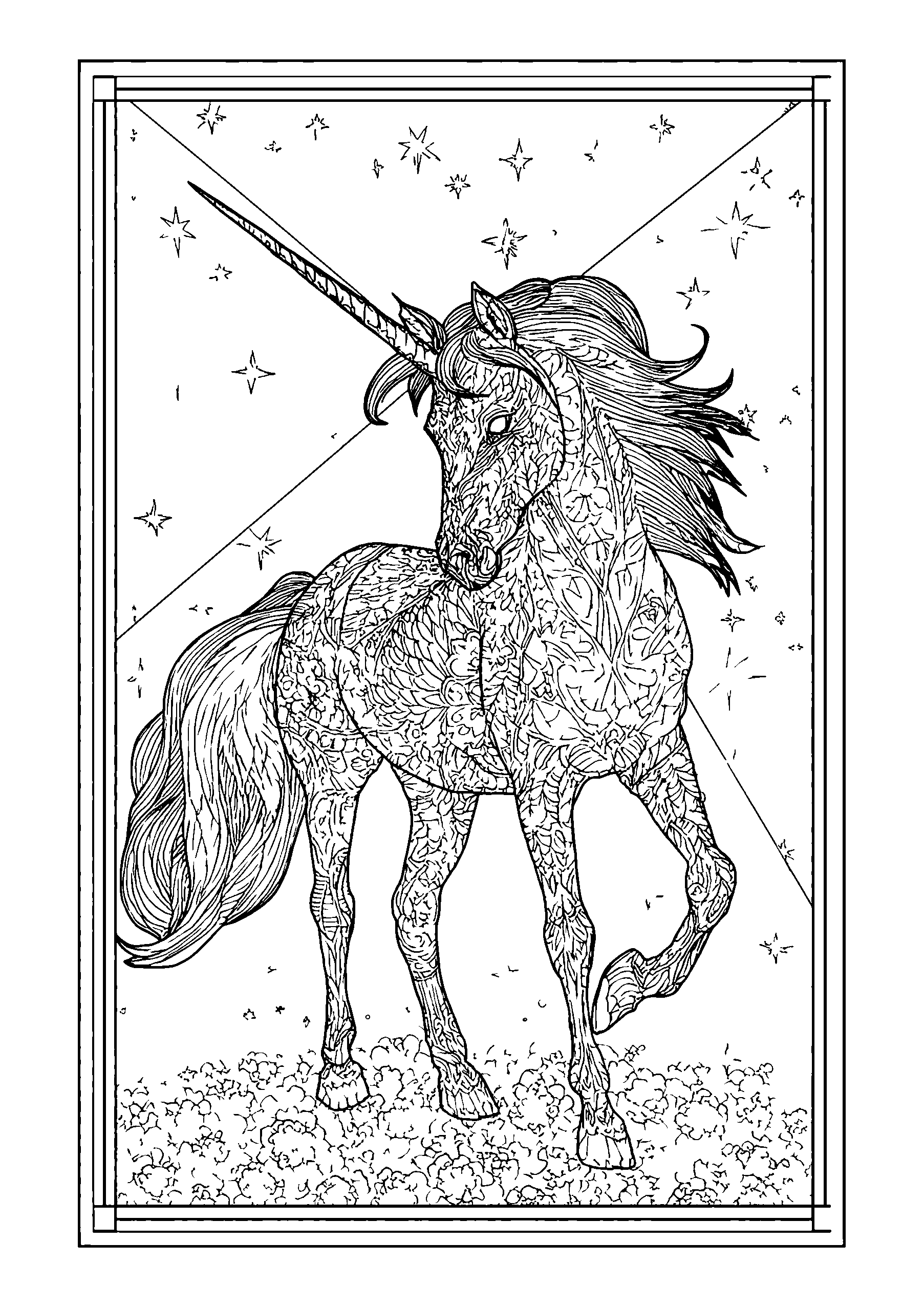 coloriage Unicorn Surrounded by Twinkling Stars at Night
