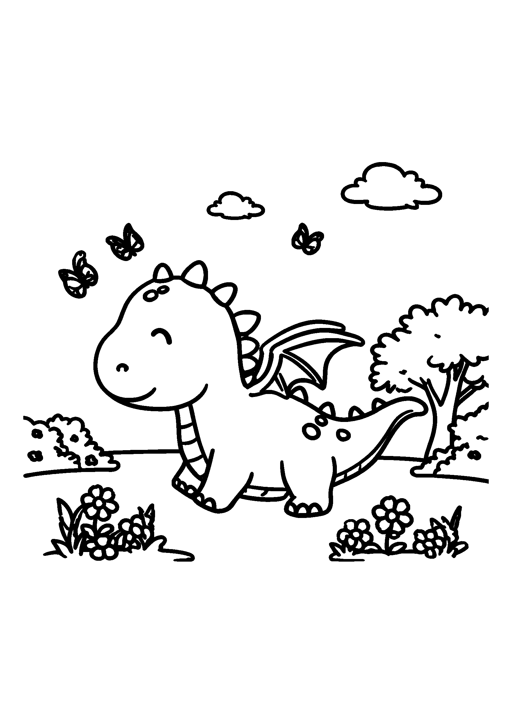 coloriage Friendly Dragon Chasing Butterflies in a Tranquil Meadow