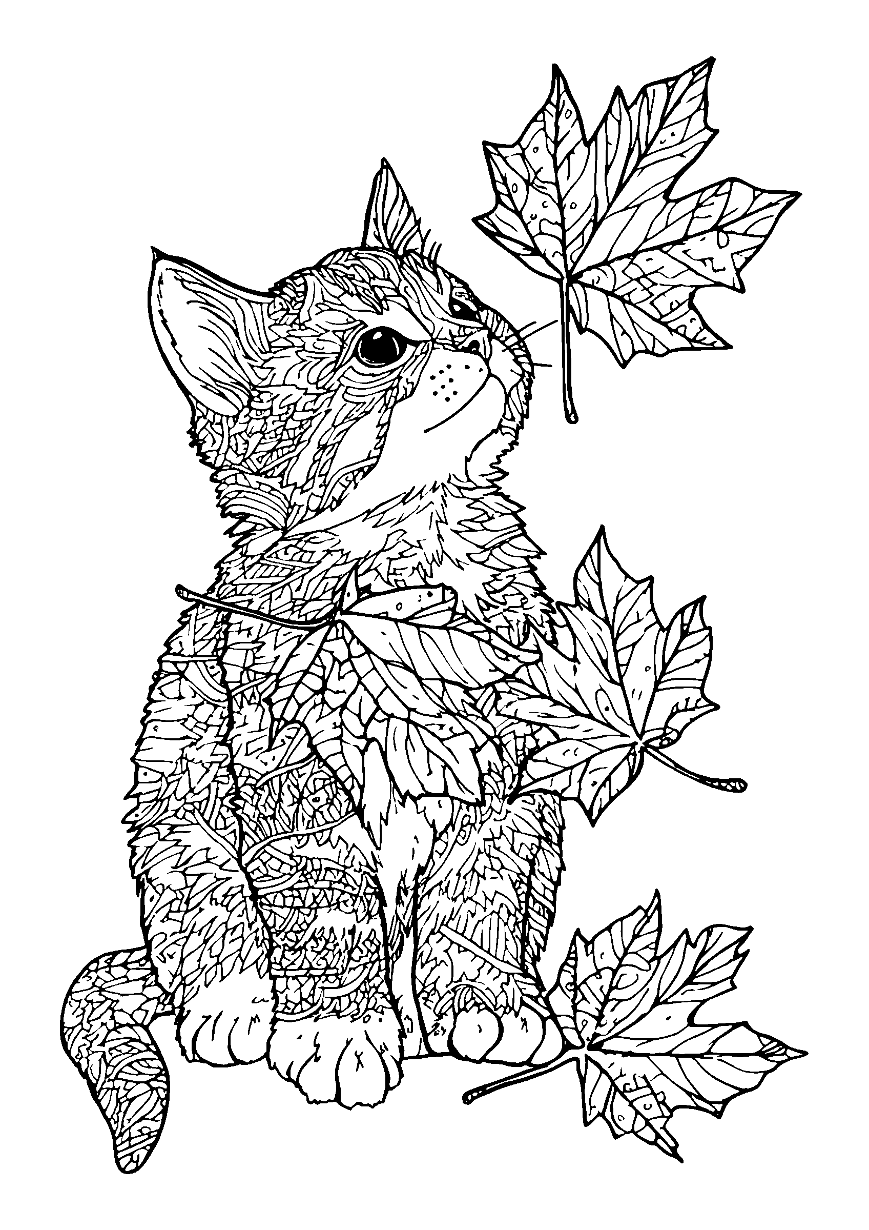 coloriage Kitten Playing with Autumn Leaves in the Park