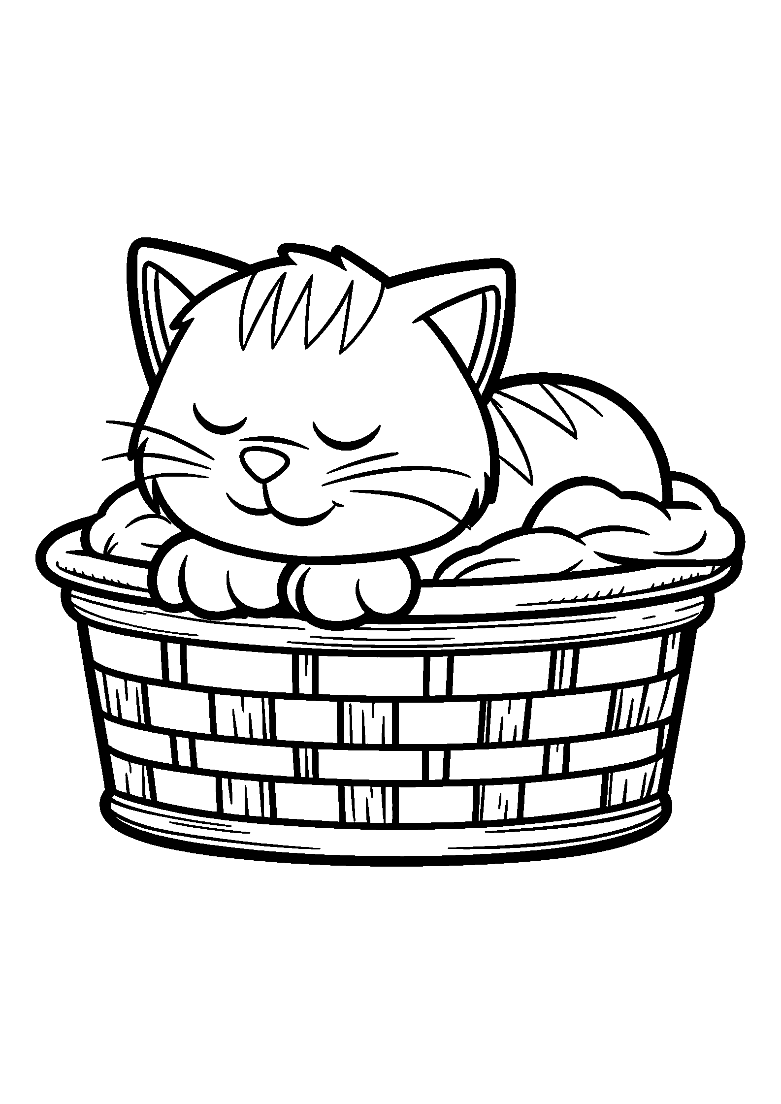 coloriage Cat Taking a Nap in a Laundry Basket