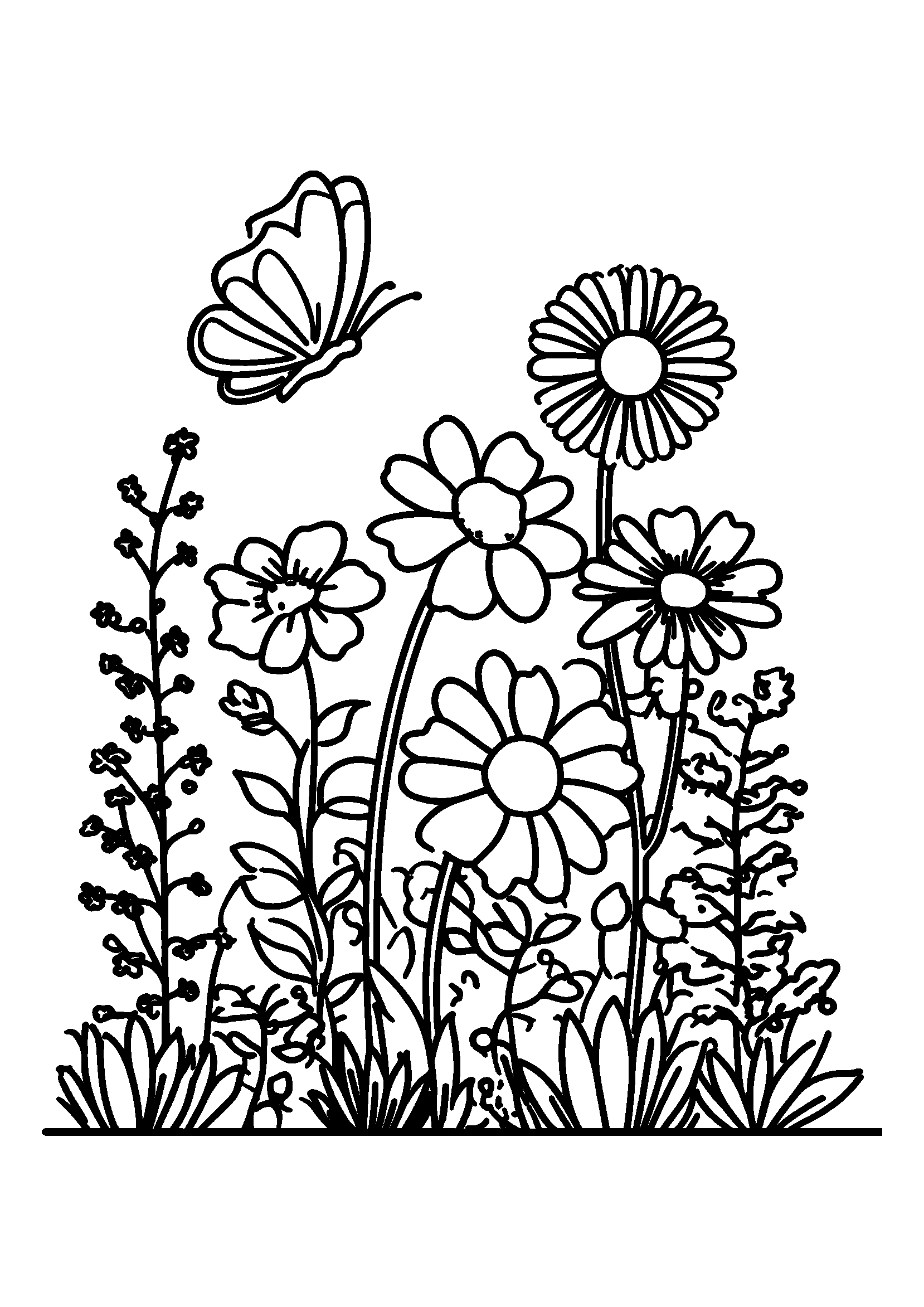 coloriage Wildflower Garden with a Butterfly Flitting About