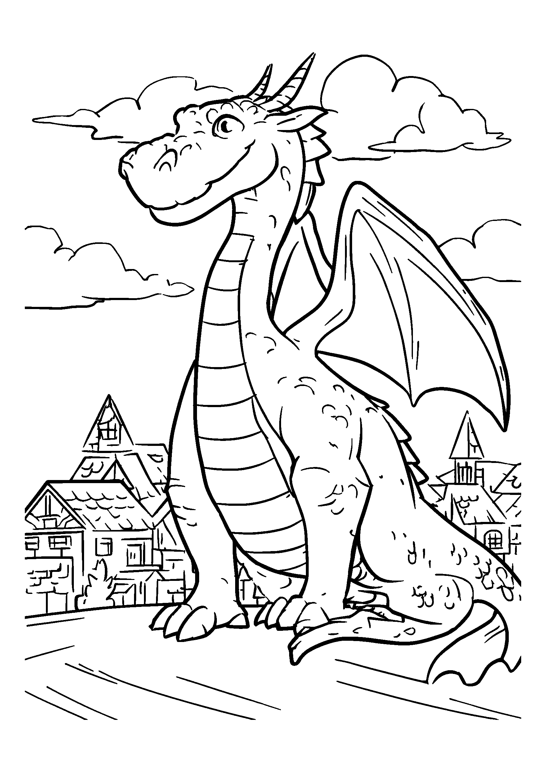 coloriage Dragon Watching over a Quiet Village from Afar
