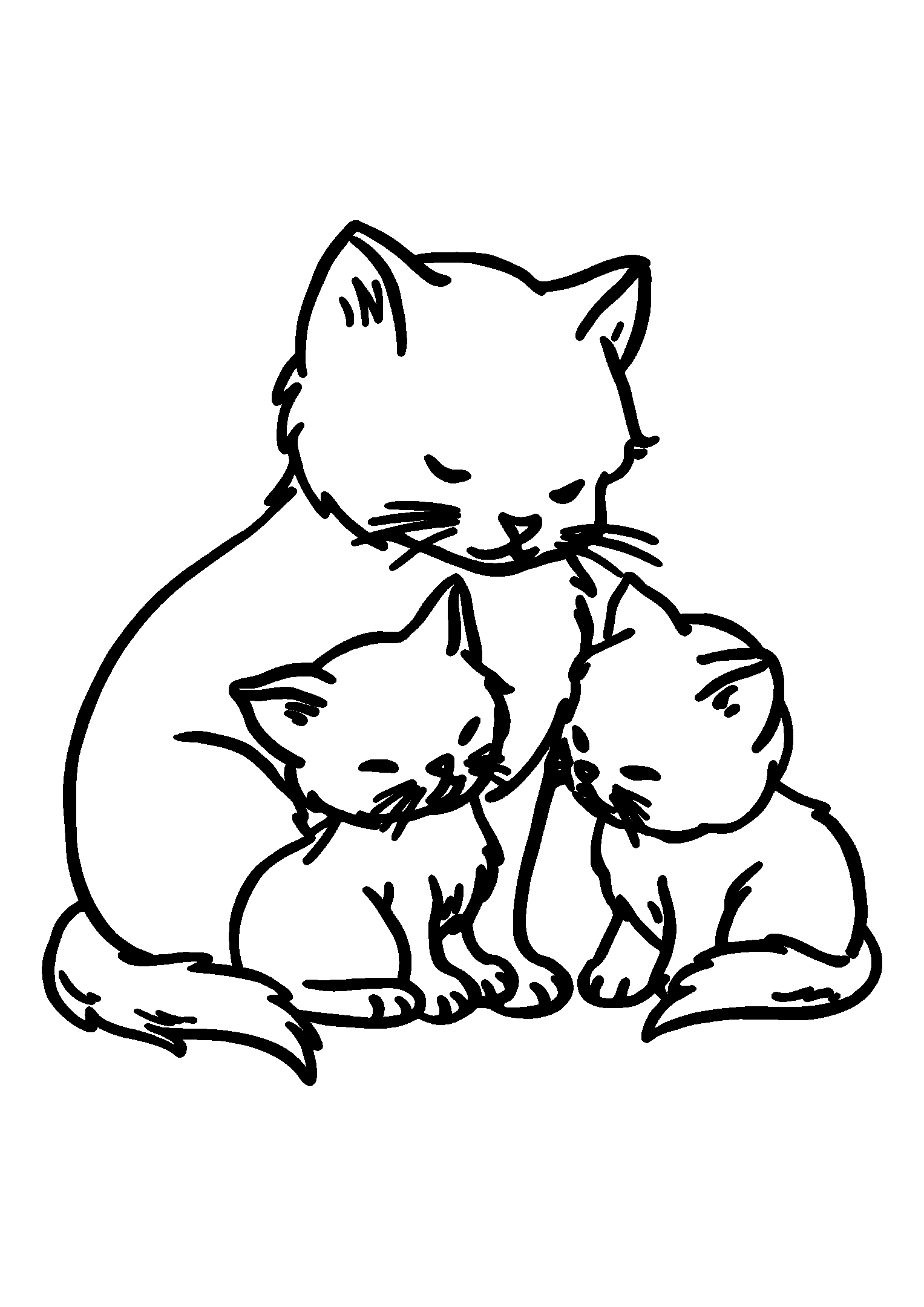 coloriage Mother Cat Grooming Her Playful Kittens