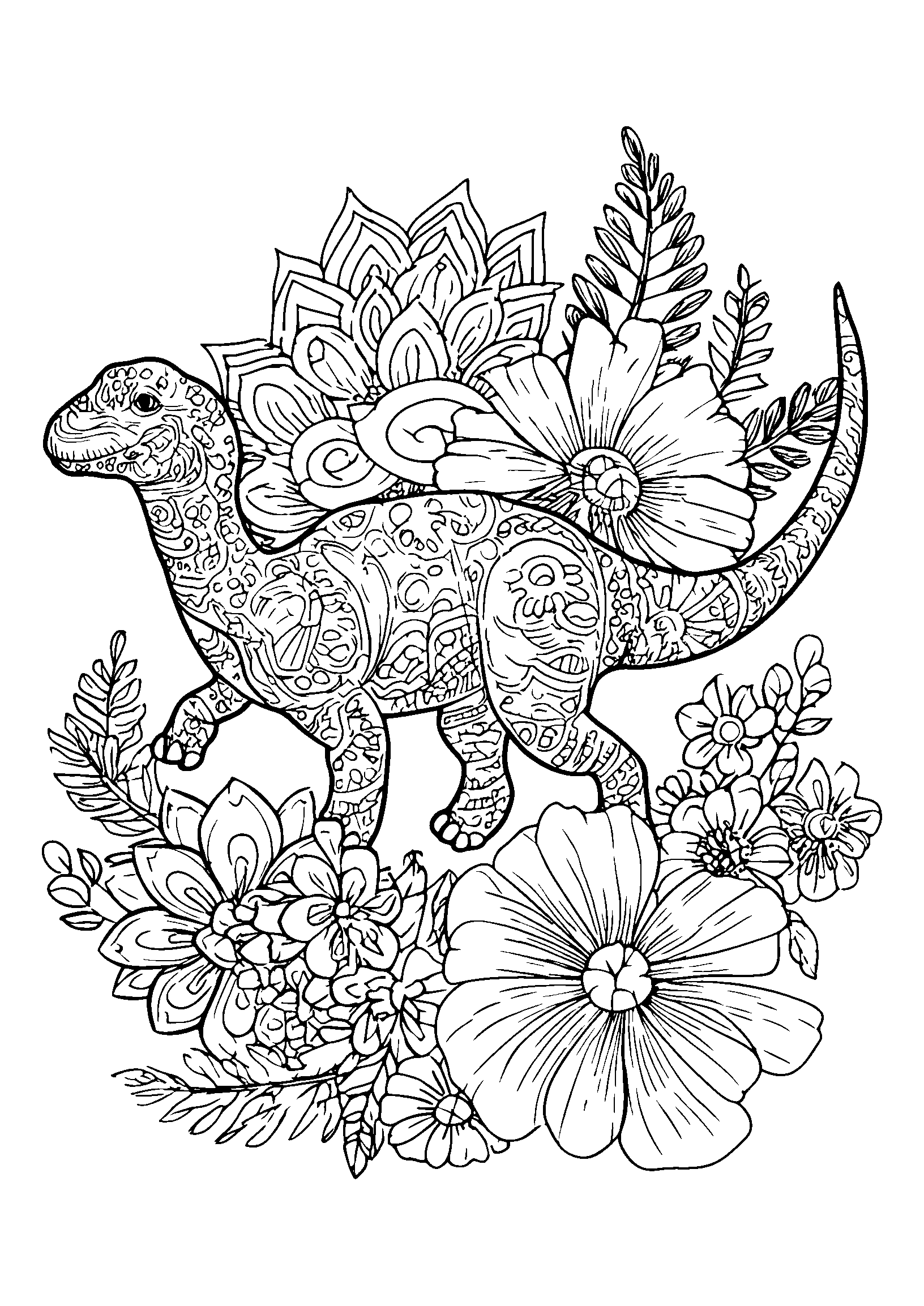 coloriage Small Dinosaur Exploring a Vibrant Flower Patch