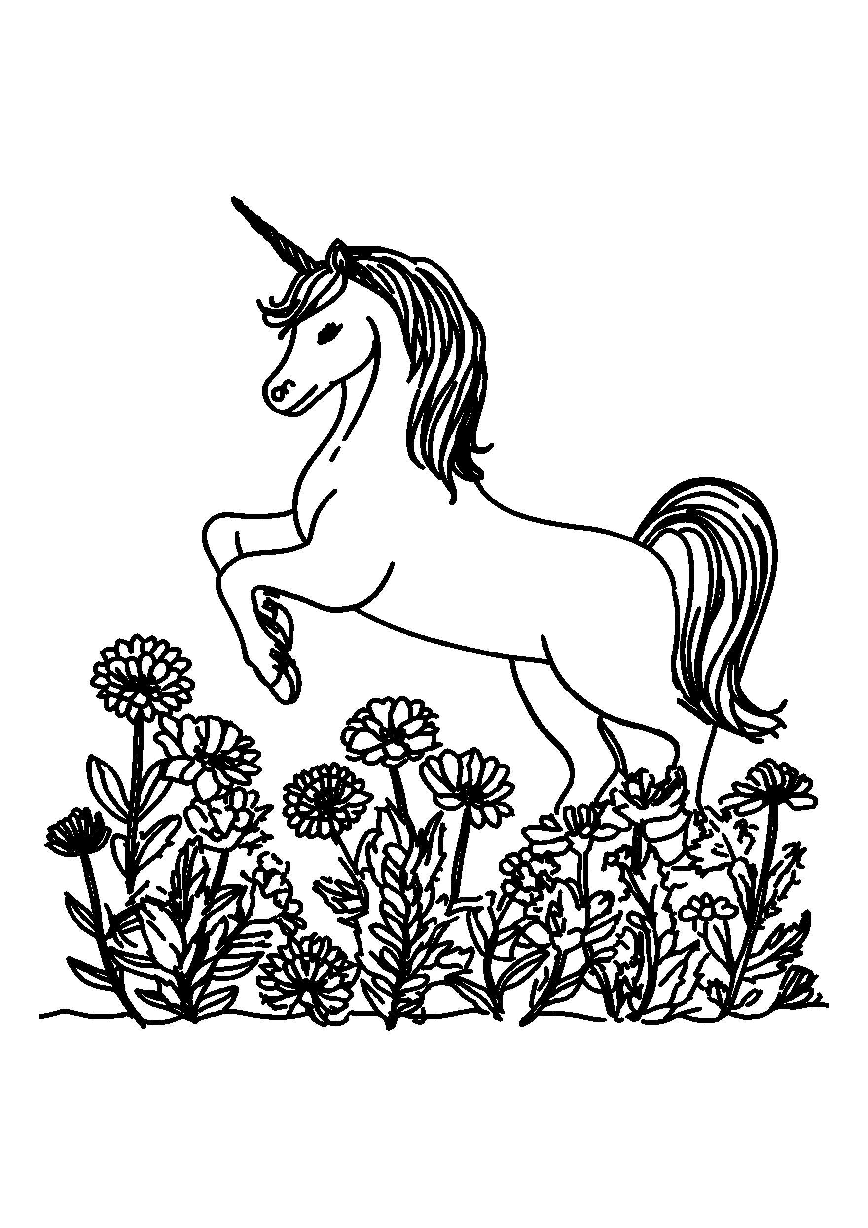 coloriage Unicorn Gracefully Dancing in a Field of Wildflowers
