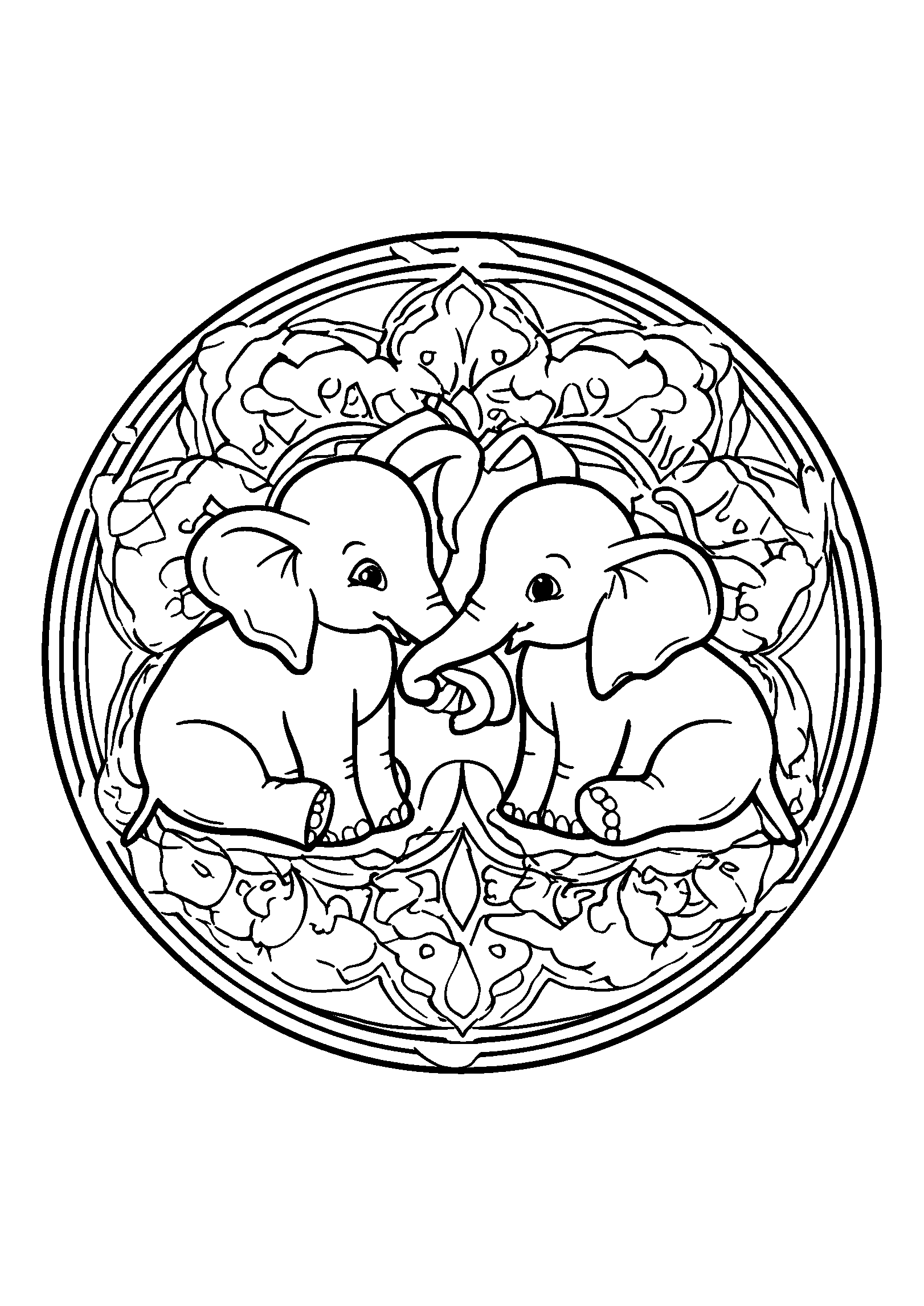 coloriage Elephants Intertwined in a Mandala Setup